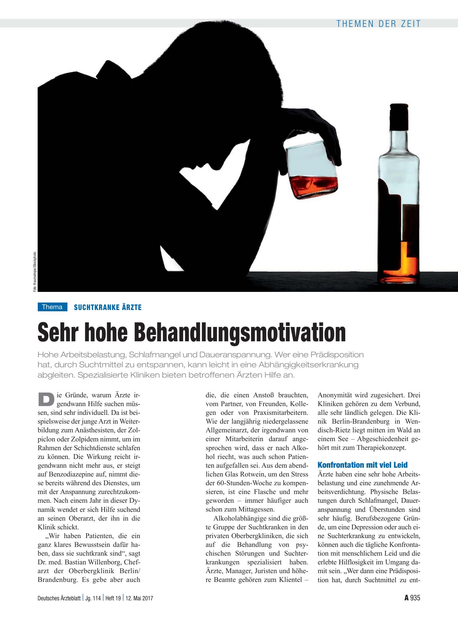 Vorschauseite 1: Suchtkranke Ärzte: Sehr hohe Behandlungsmotivation – Deutsches Ärzteblatt