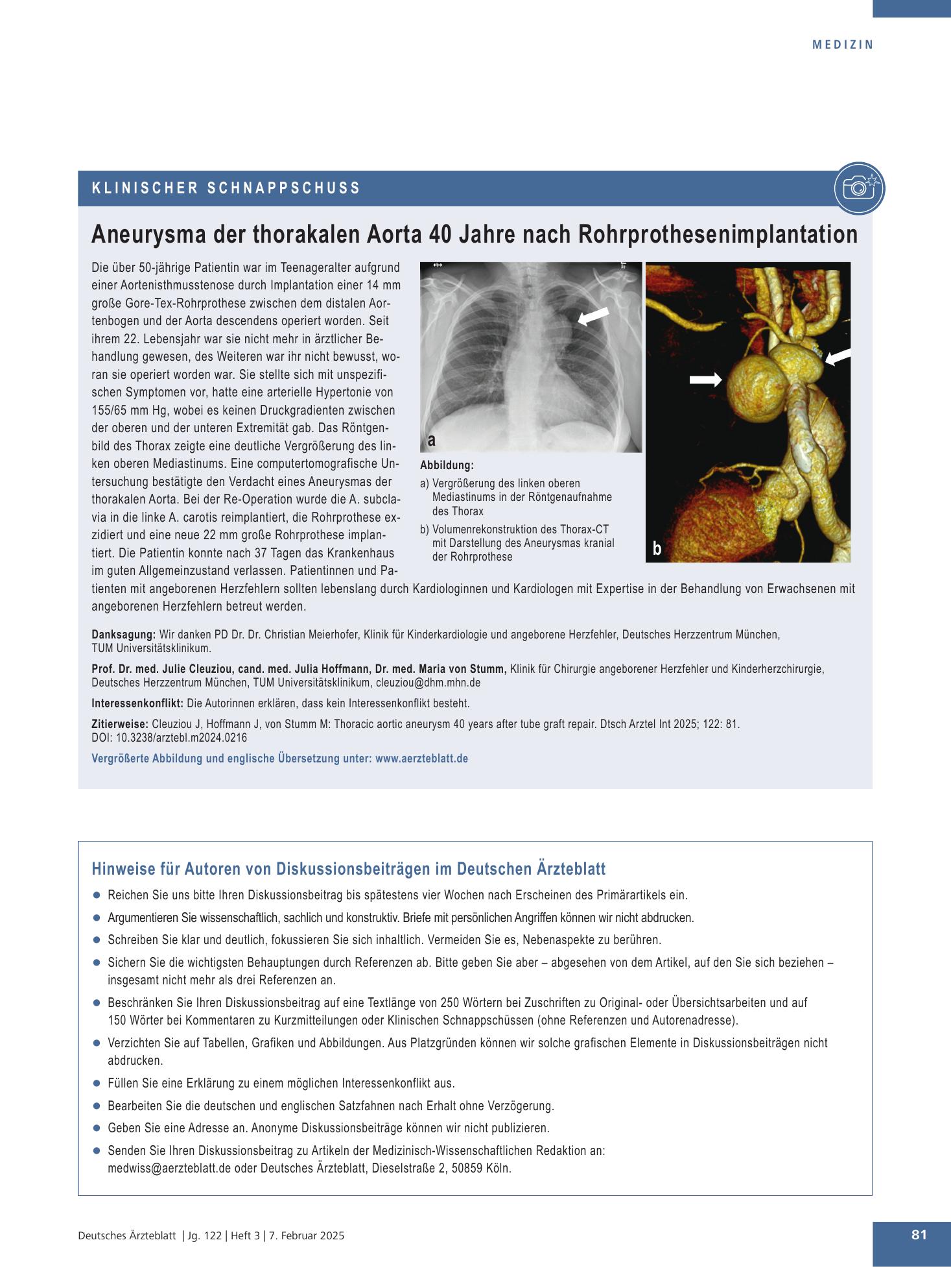 Vorschauseite 1: Aneurysma der thorakalen Aorta 40 Jahre nach Rohrprothesenimplantation – Deutsches Ärzteblatt