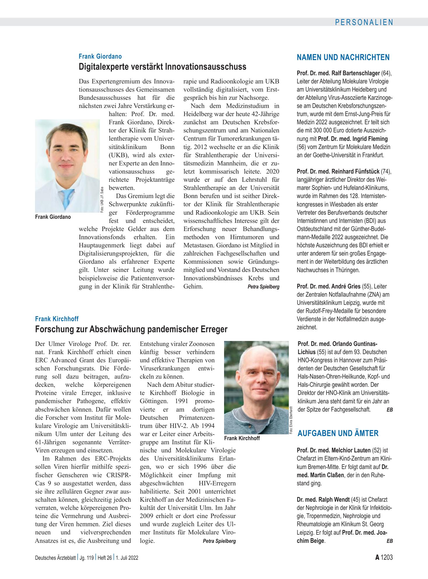 Vorschauseite 1: Namen und Nachrichten – Deutsches Ärzteblatt