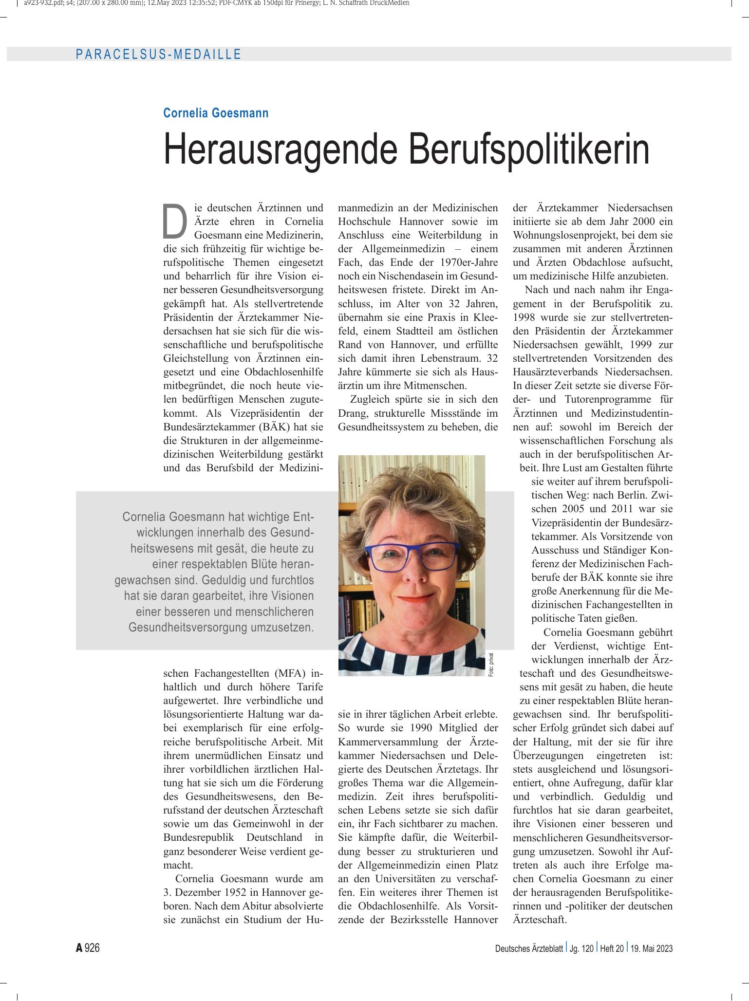 Vorschauseite 1: Cornelia Goesmann: Herausragende Berufspolitikerin – Deutsches Ärzteblatt