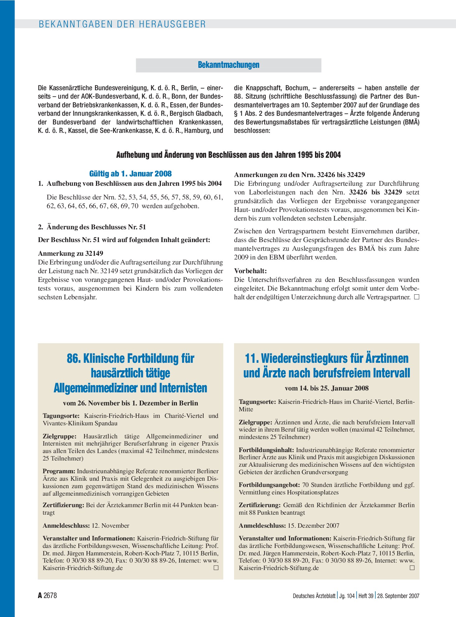 Vorschauseite 1: 86. Klinische Fortbildung für hausärztlich tätige Allgemeinmediziner und Internisten vom 26. November bis 1. Dezember in Berlin – Deutsches Ärzteblatt