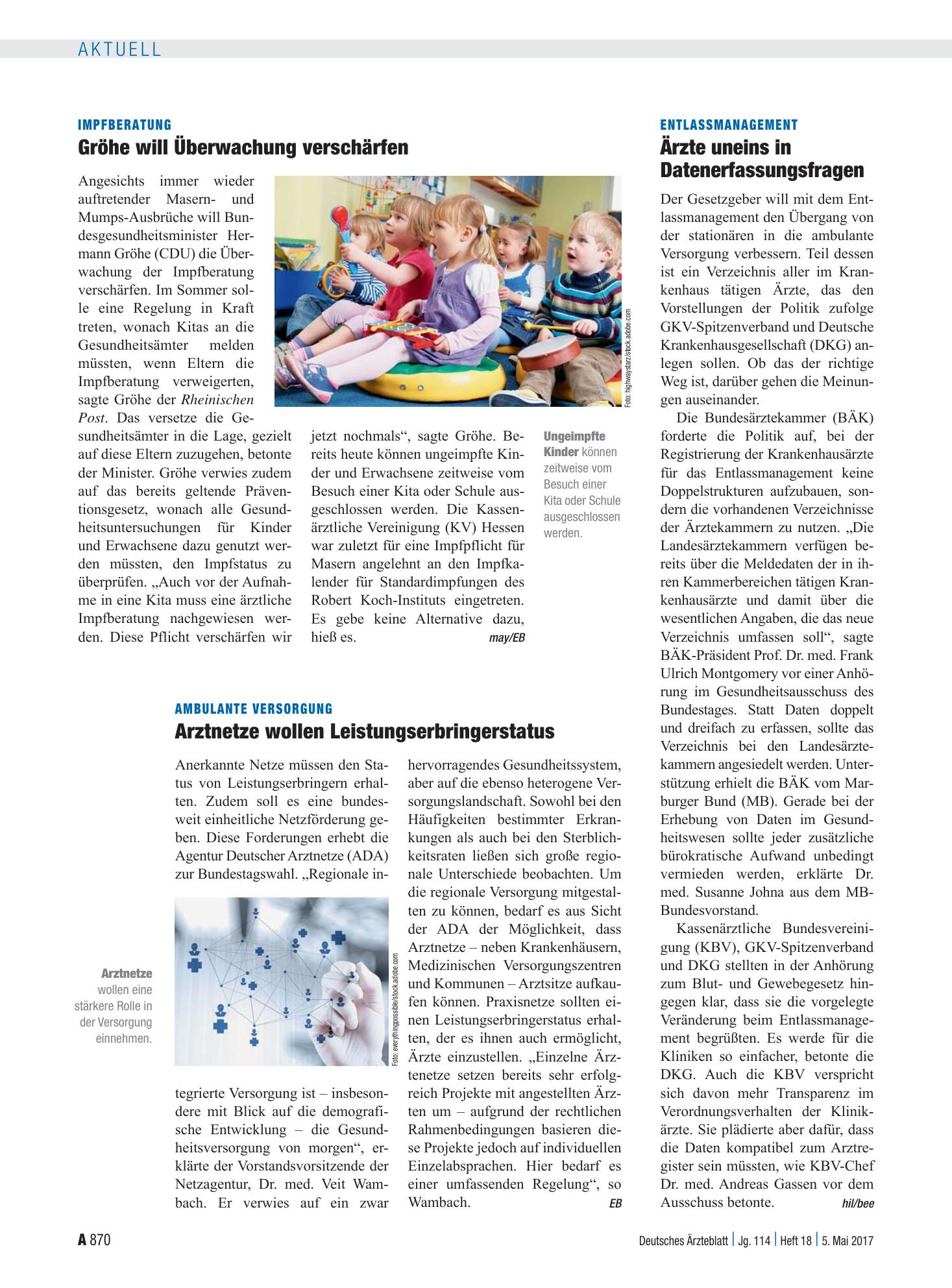Vorschauseite 1: Impfberatung: Gröhe will Überwachung verschärfen – Deutsches Ärzteblatt