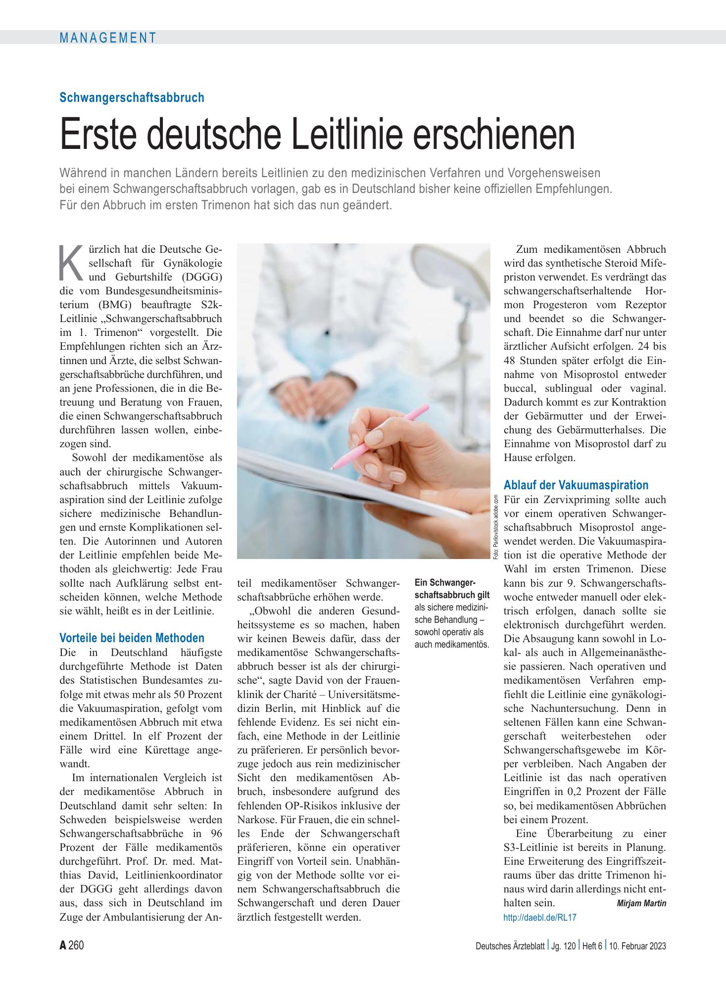 Vorschauseite 1: Schwangerschaftsabbruch: Erste deutsche Leitlinie erschienen – Deutsches Ärzteblatt