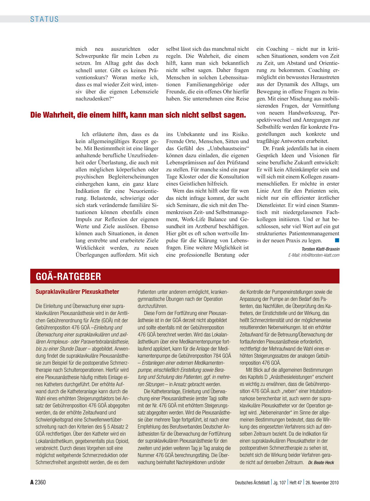 Vorschauseite 1: Supraklavikulärer Plexuskatheter – Deutsches Ärzteblatt