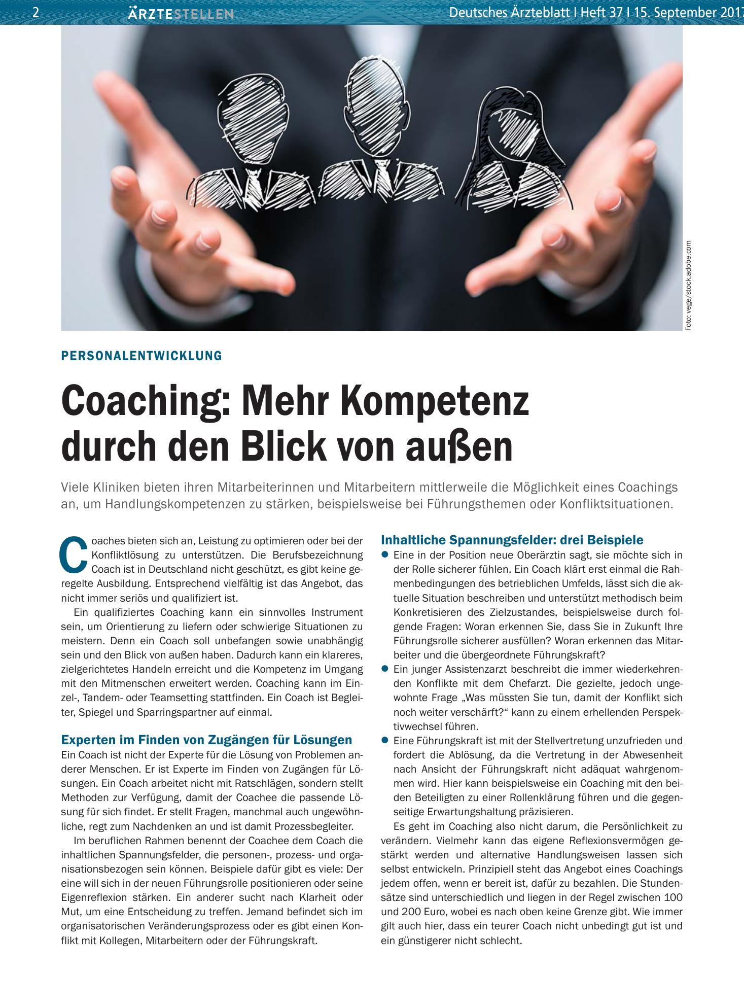 Vorschauseite 1: Personalentwicklung: Coaching – Mehr Kompetenz durch den Blick von außen – Deutsches Ärzteblatt
