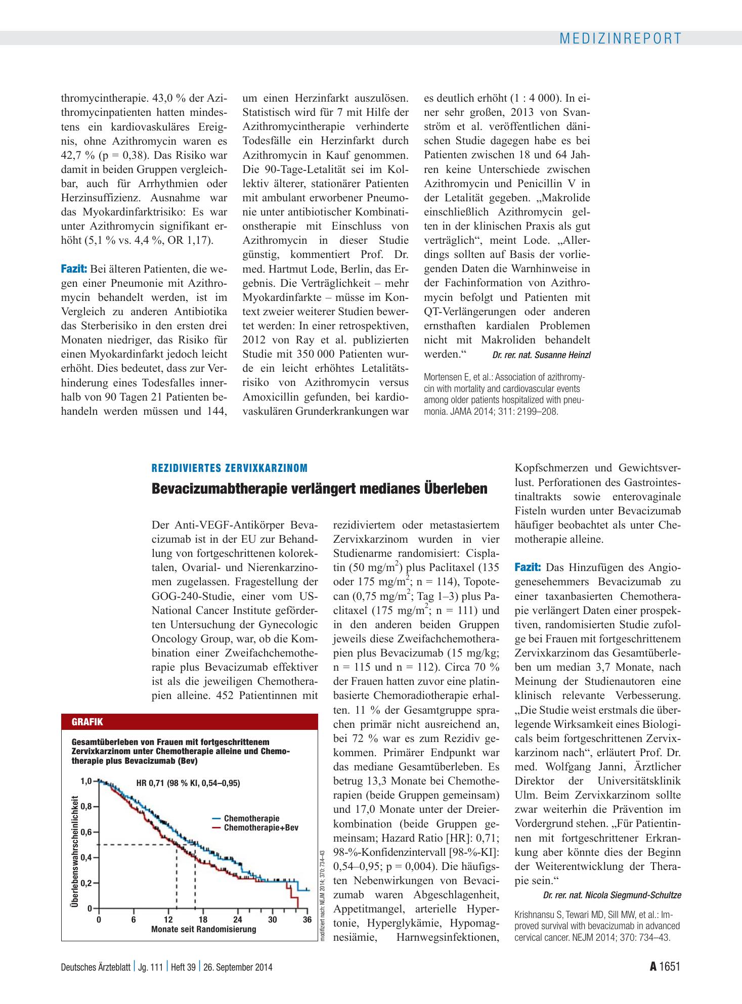 Vorschauseite 1: Rezidiviertes Zervixkarzinom: Bevacizumabtherapie verlängert medianes Überleben – Deutsches Ärzteblatt