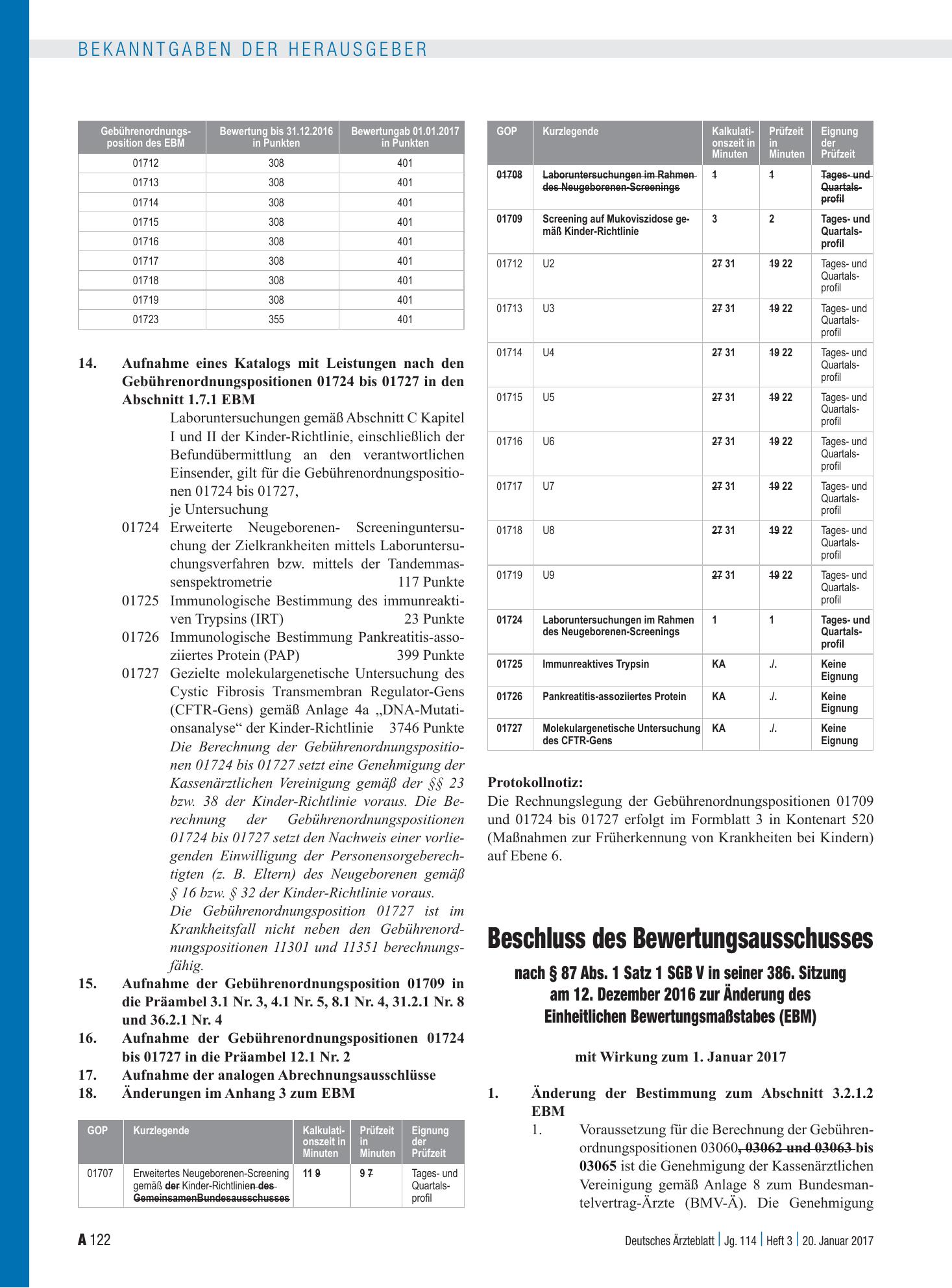 Vorschauseite 1: Beschluss des Bewertungsausschusses nach § 87 Abs. 1 Satz 1 SGB V in seiner 386. Sitzung am 12. Dezember 2016 zur Änderung des Einheitlichen Bewertungsmaßstabes (EBM) – Deutsches…
