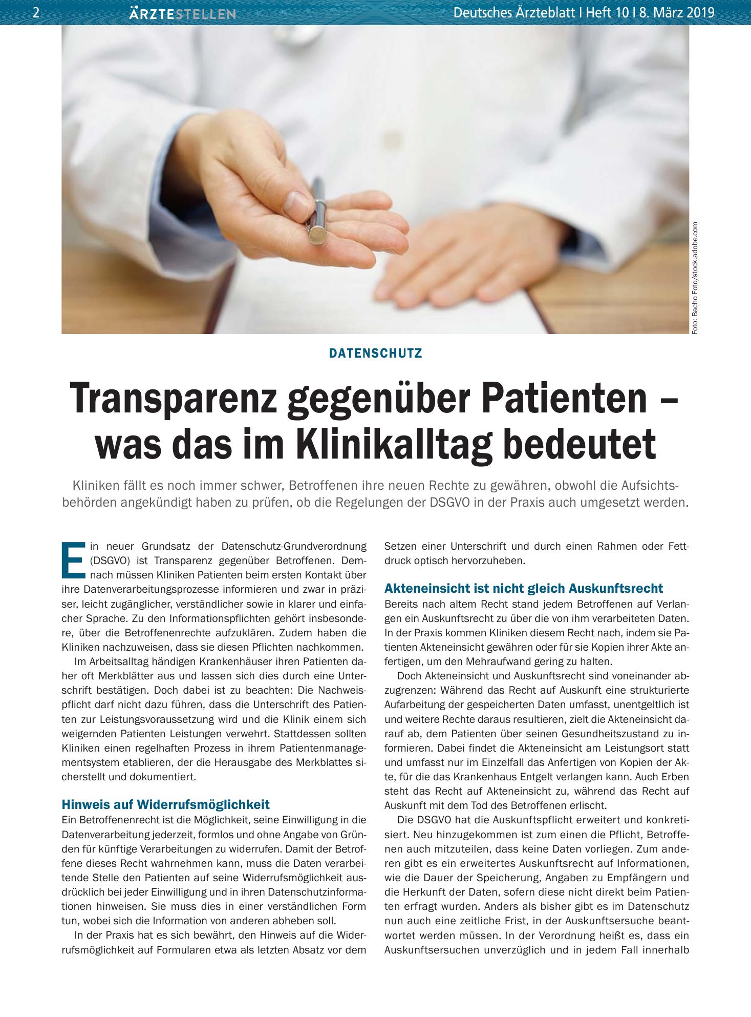 Vorschauseite 1: Datenschutz: Transparenz gegenüber Patienten – was das im Klinikalltag bedeutet – Deutsches Ärzteblatt