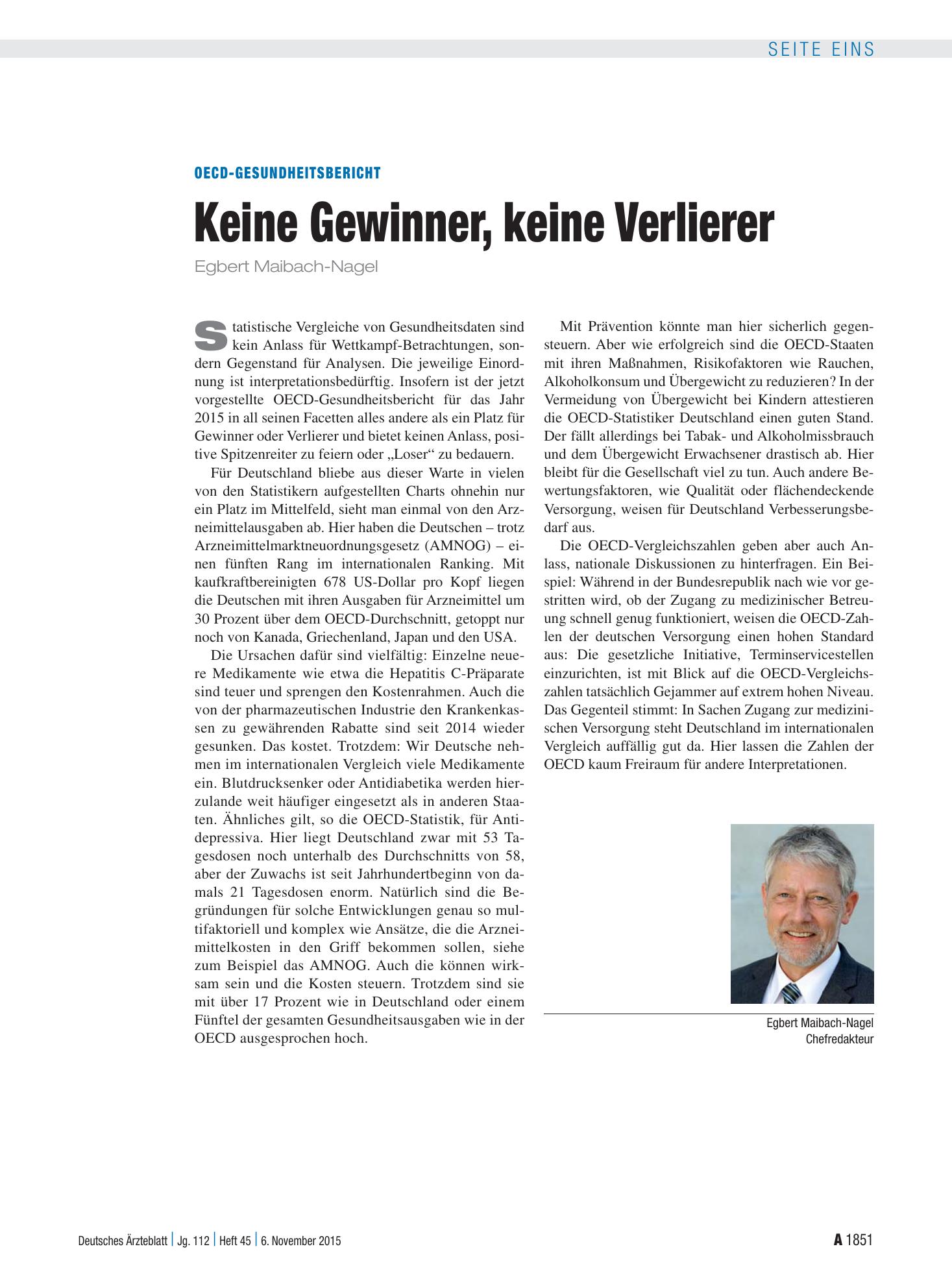 Vorschauseite 1: OECD-Gesundheitsbericht: Keine Gewinner, keine Verlierer – Deutsches Ärzteblatt