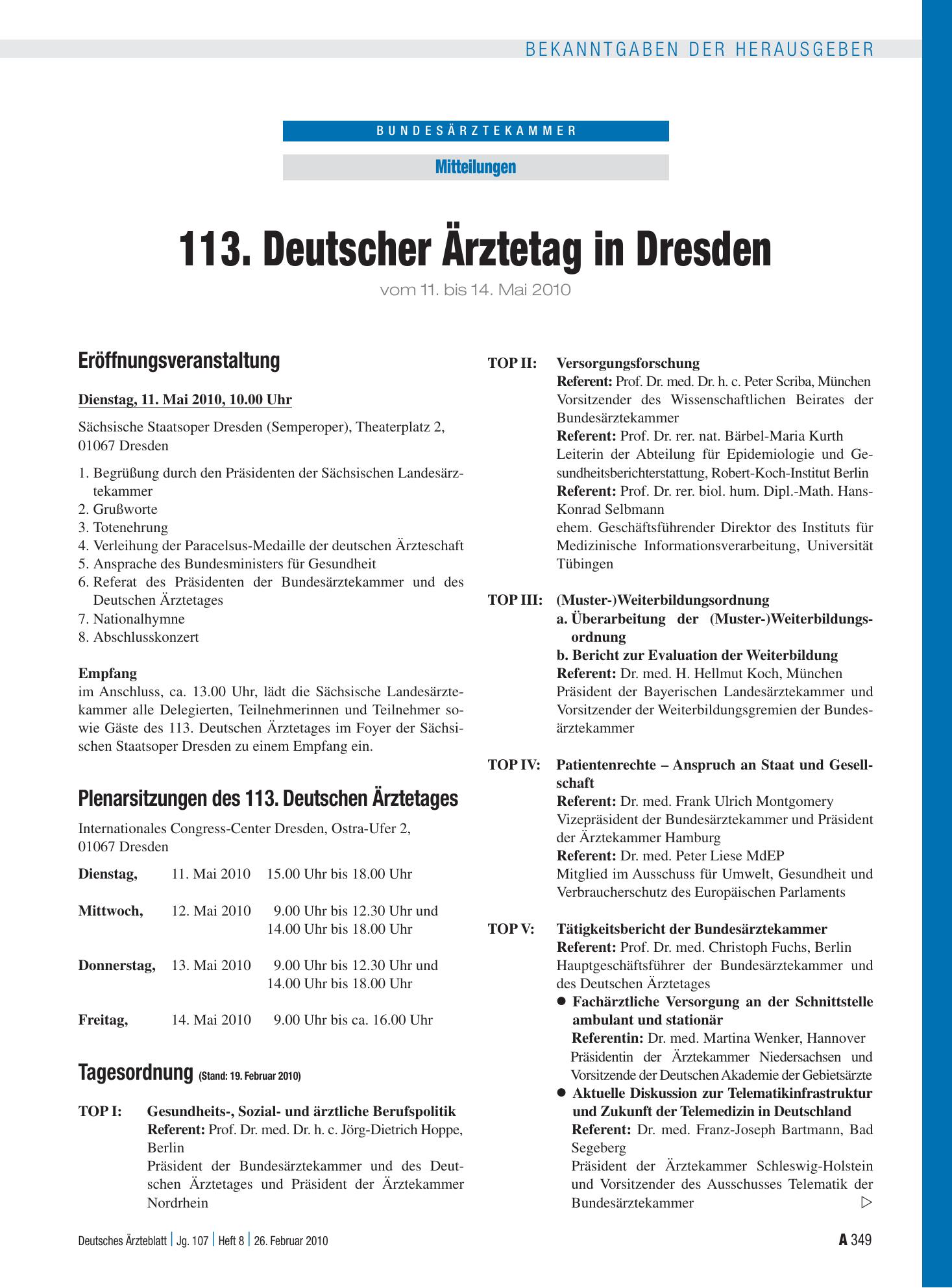 Vorschauseite 1: 113. Deutscher Ärztetag in Dresden vom 11. bis 14. Mai 2010: Eröffnungsveranstaltung – Deutsches Ärzteblatt