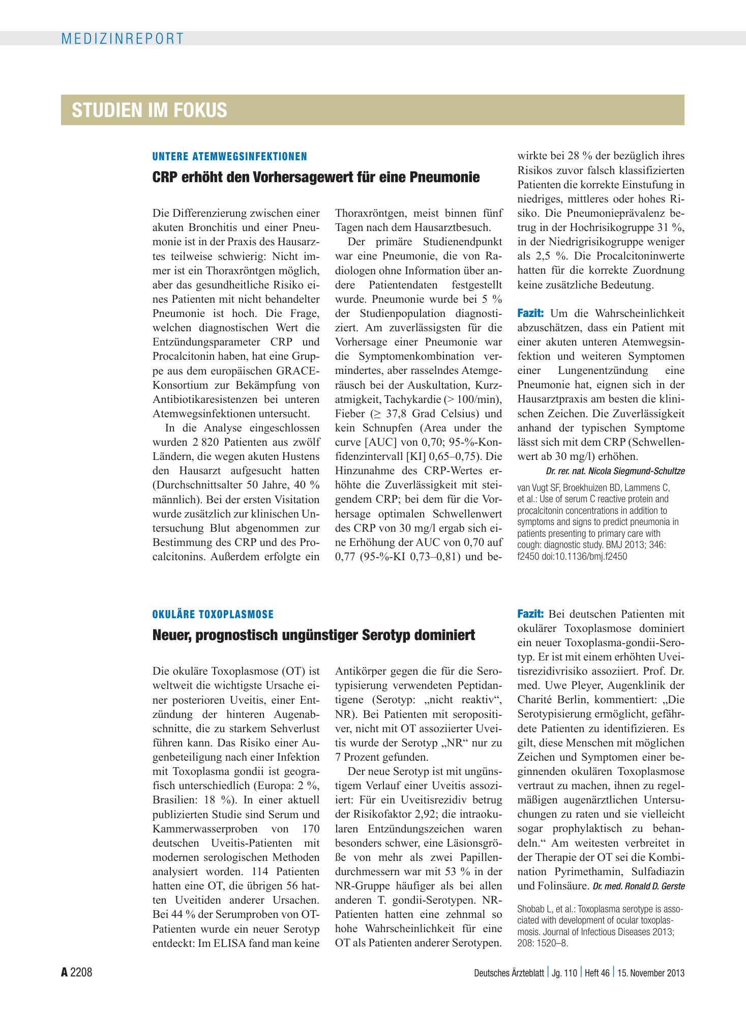 Vorschauseite 1: Okuläre Toxoplasmose: Neuer, prognostisch ungünstiger Serotyp dominiert – Deutsches Ärzteblatt