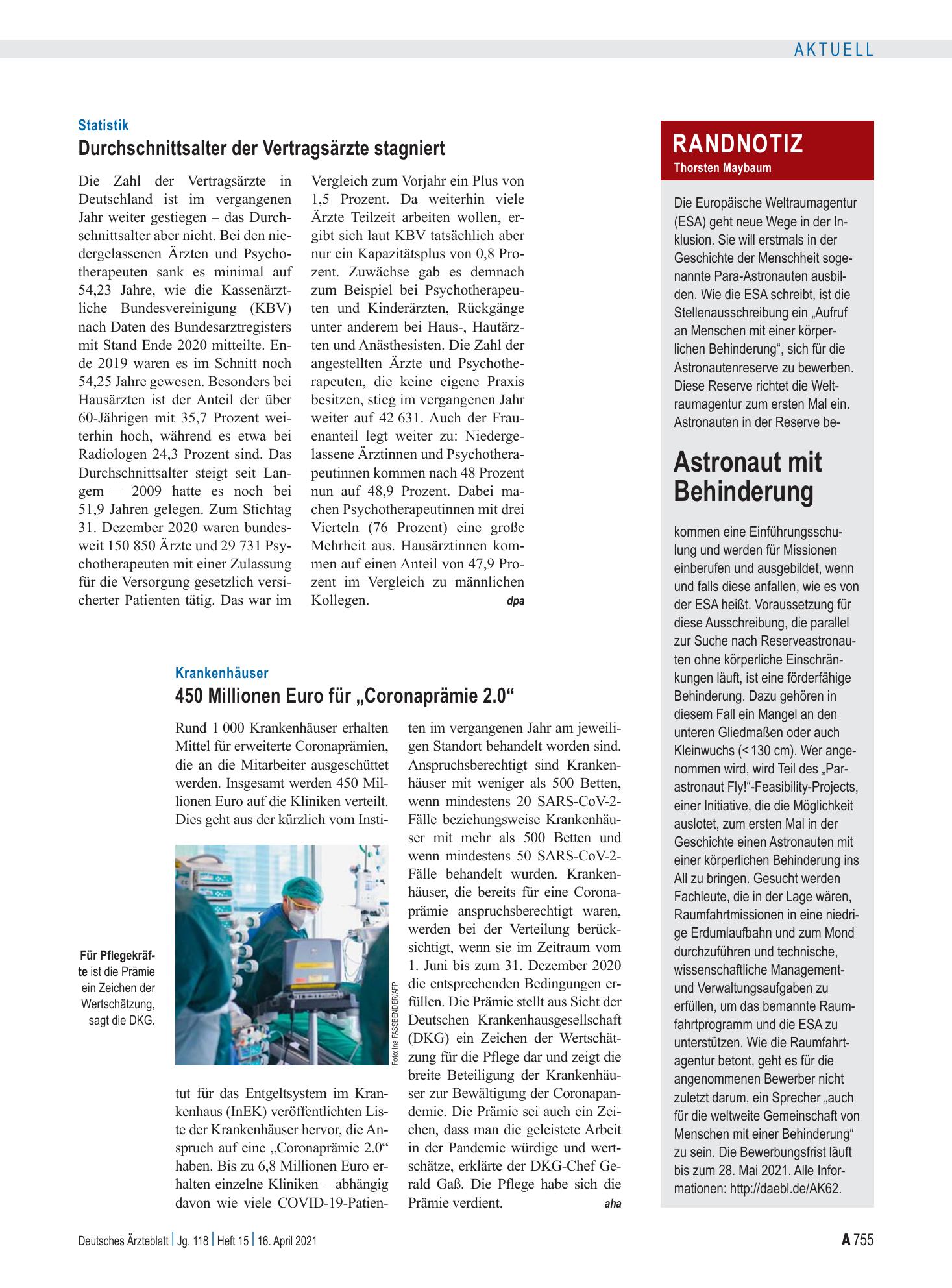 Vorschauseite 1: Randnotiz: Astronaut mit Behinderung – Deutsches Ärzteblatt