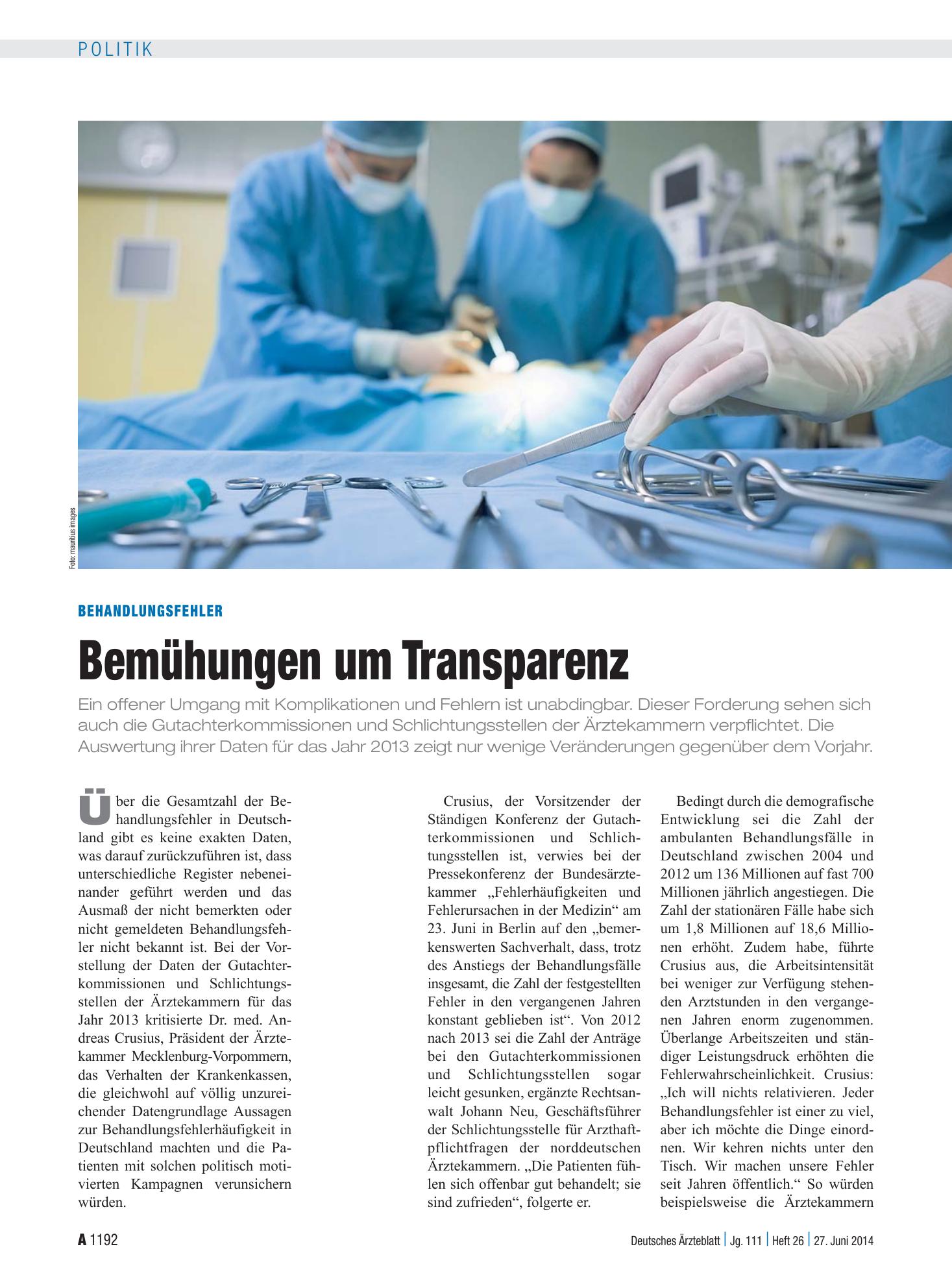 Vorschauseite 1: Behandlungsfehler: Bemühungen um Transparenz – Deutsches Ärzteblatt