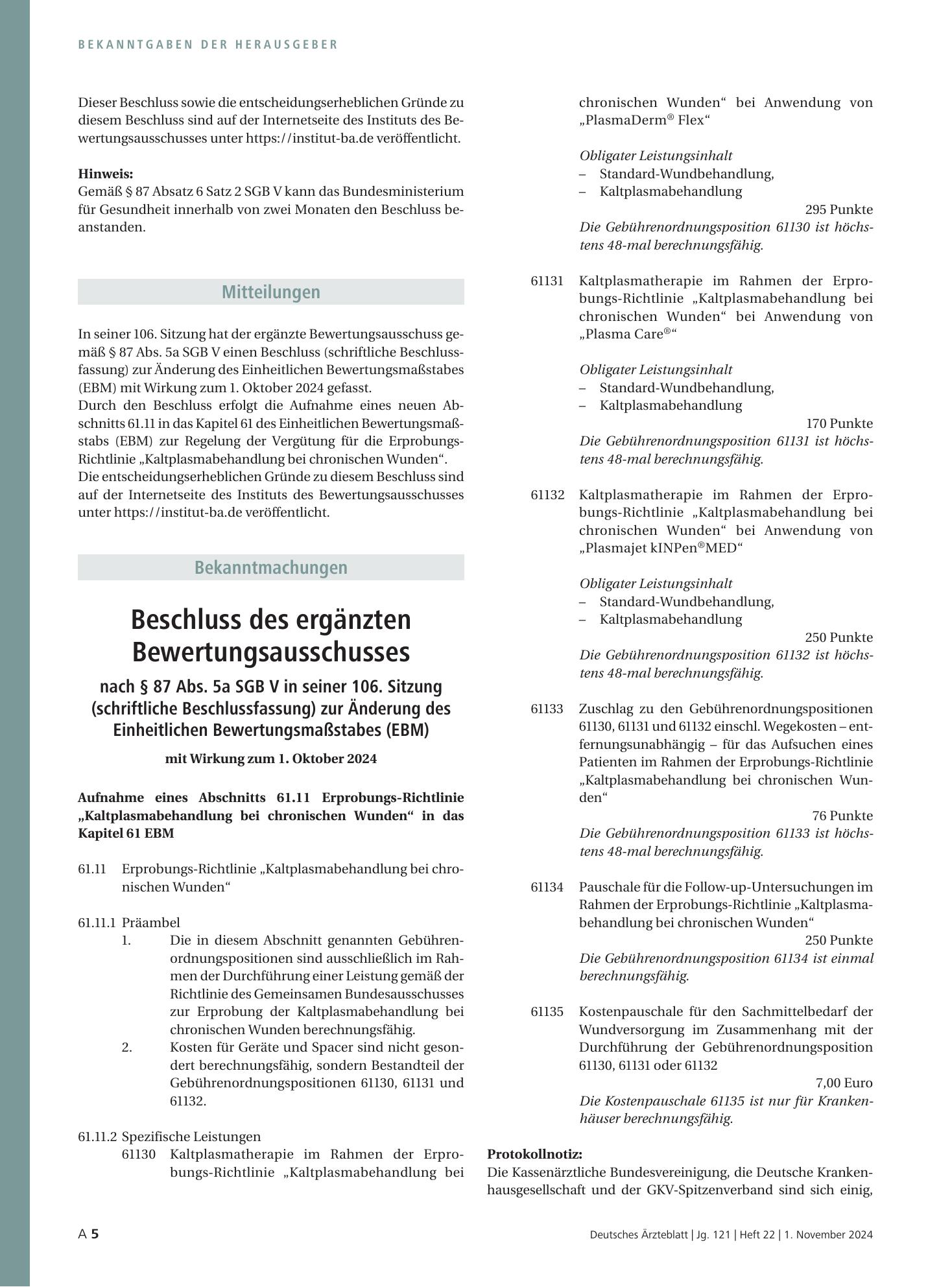 Vorschauseite 1: Beschluss des ergänzten Bewertungsausschusses nach § 87 Abs. 5a SGB V in seiner 106. Sitzung (schriftliche Beschlussfassung) zur Änderung des Einheitlichen Bewertungsmaßstabes (EB…