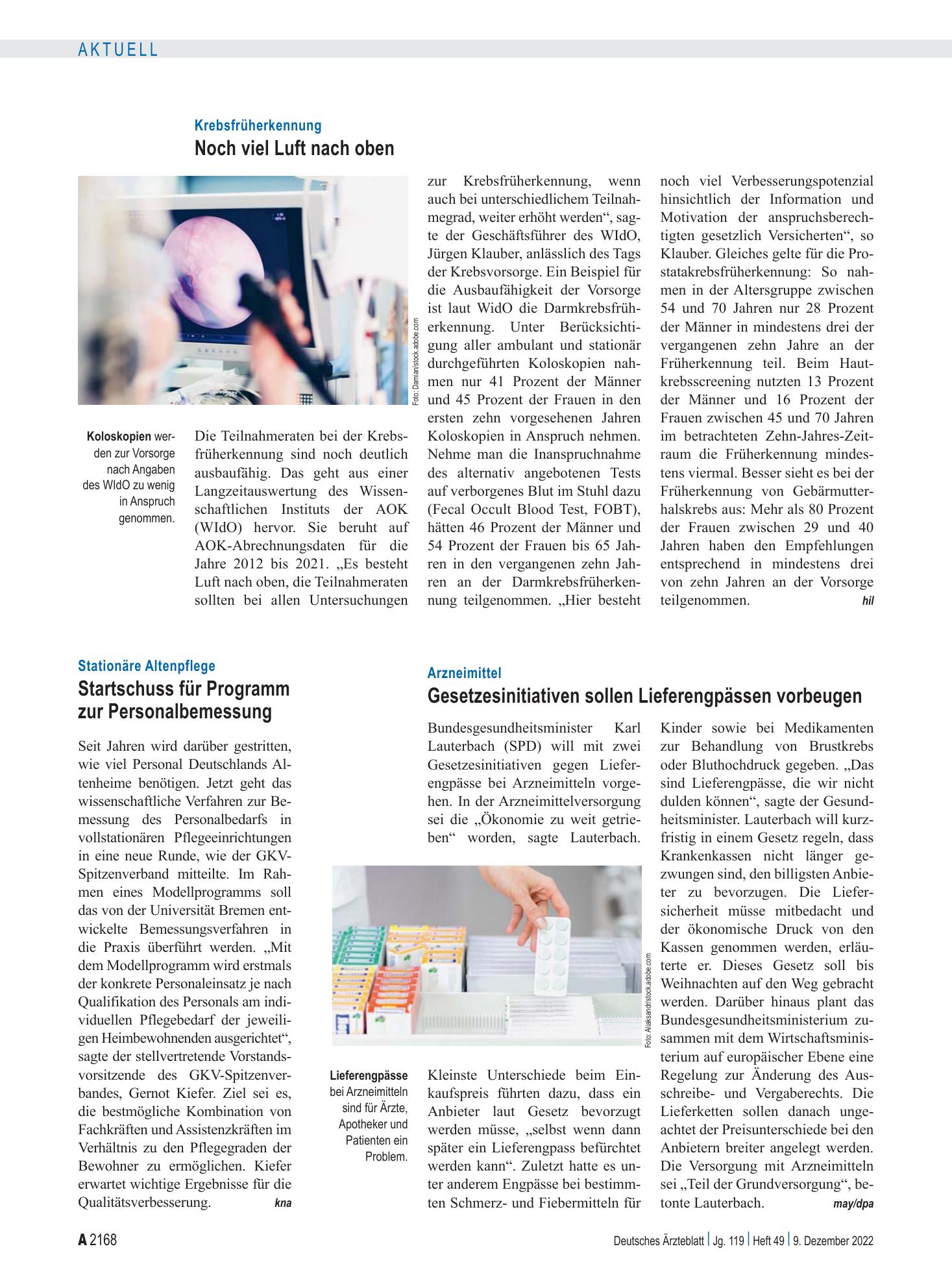 Vorschauseite 1: Krebsfrüherkennung: Noch viel Luft nach oben – Deutsches Ärzteblatt
