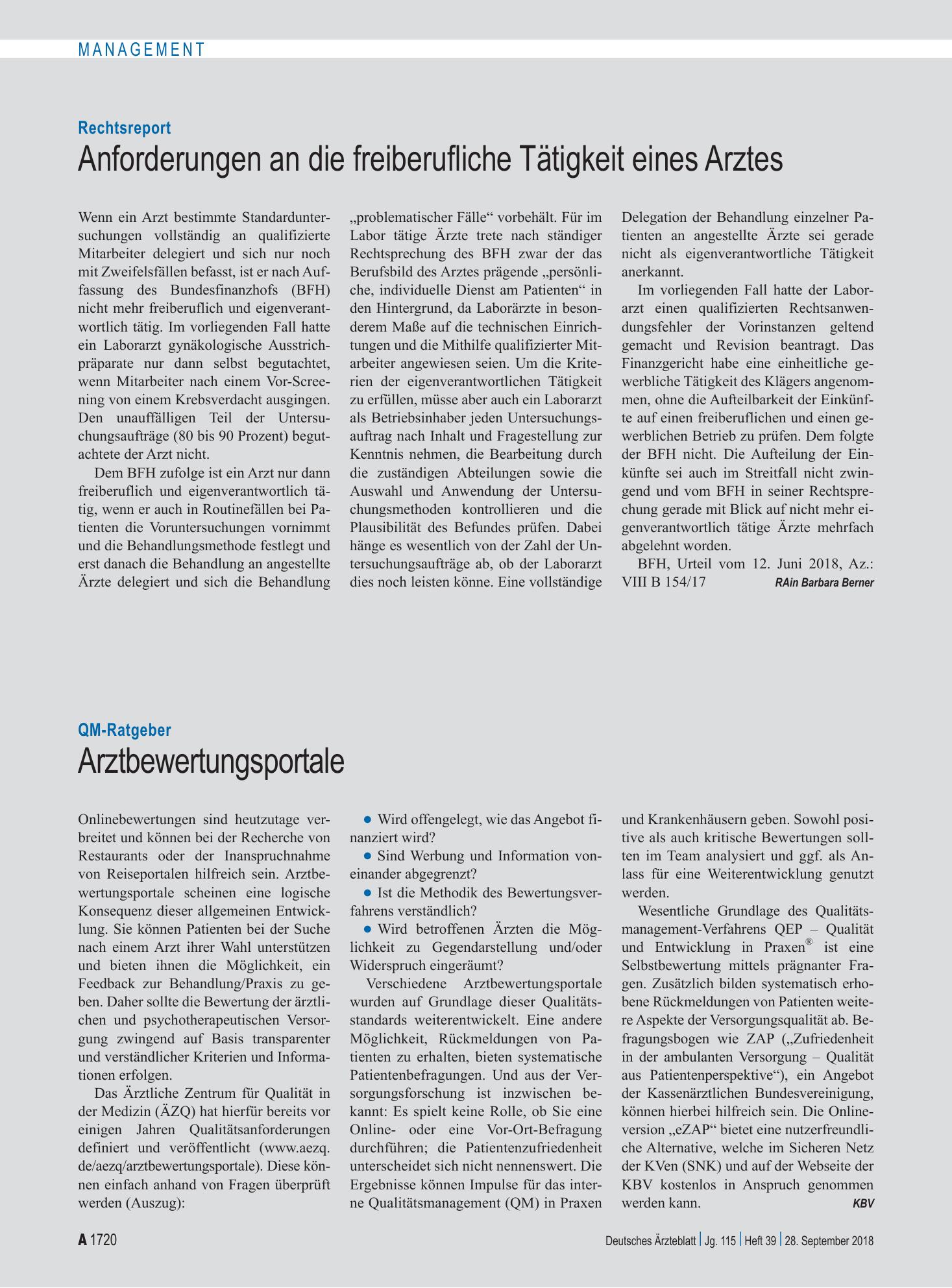 Vorschauseite 1: Rechtsreport: Anforderungen an die freiberufliche Tätigkeit eines Arztes – Deutsches Ärzteblatt