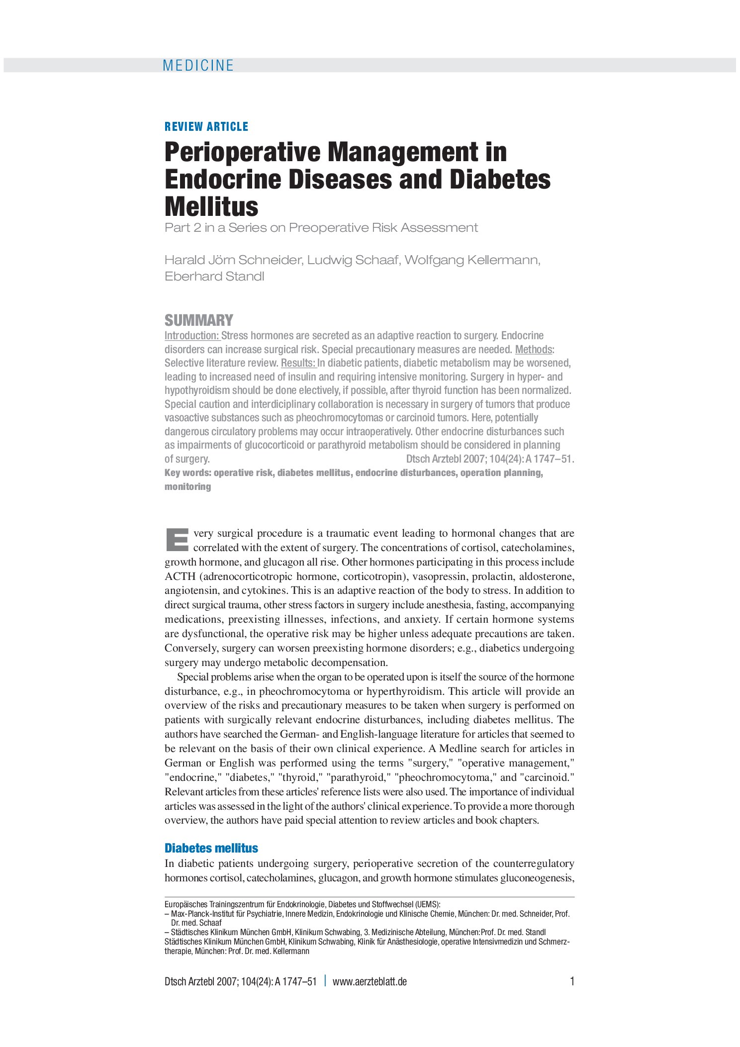Vorschauseite 1: Perioperatives Management bei endokrinologischen Erkrankungen und Diabetes mellitus – Deutsches Ärzteblatt