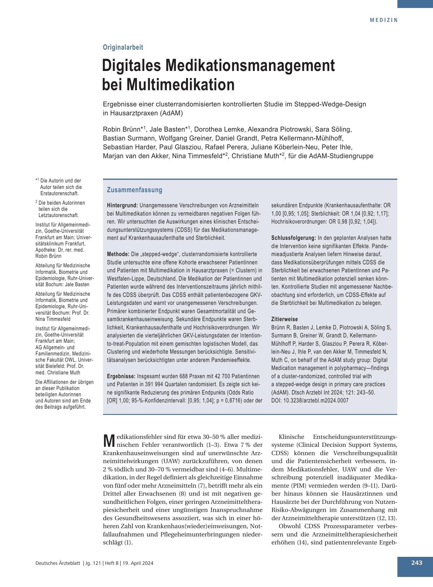 Vorschauseite 1: Digitales Medikationsmanagement bei Multimedikation – Deutsches Ärzteblatt