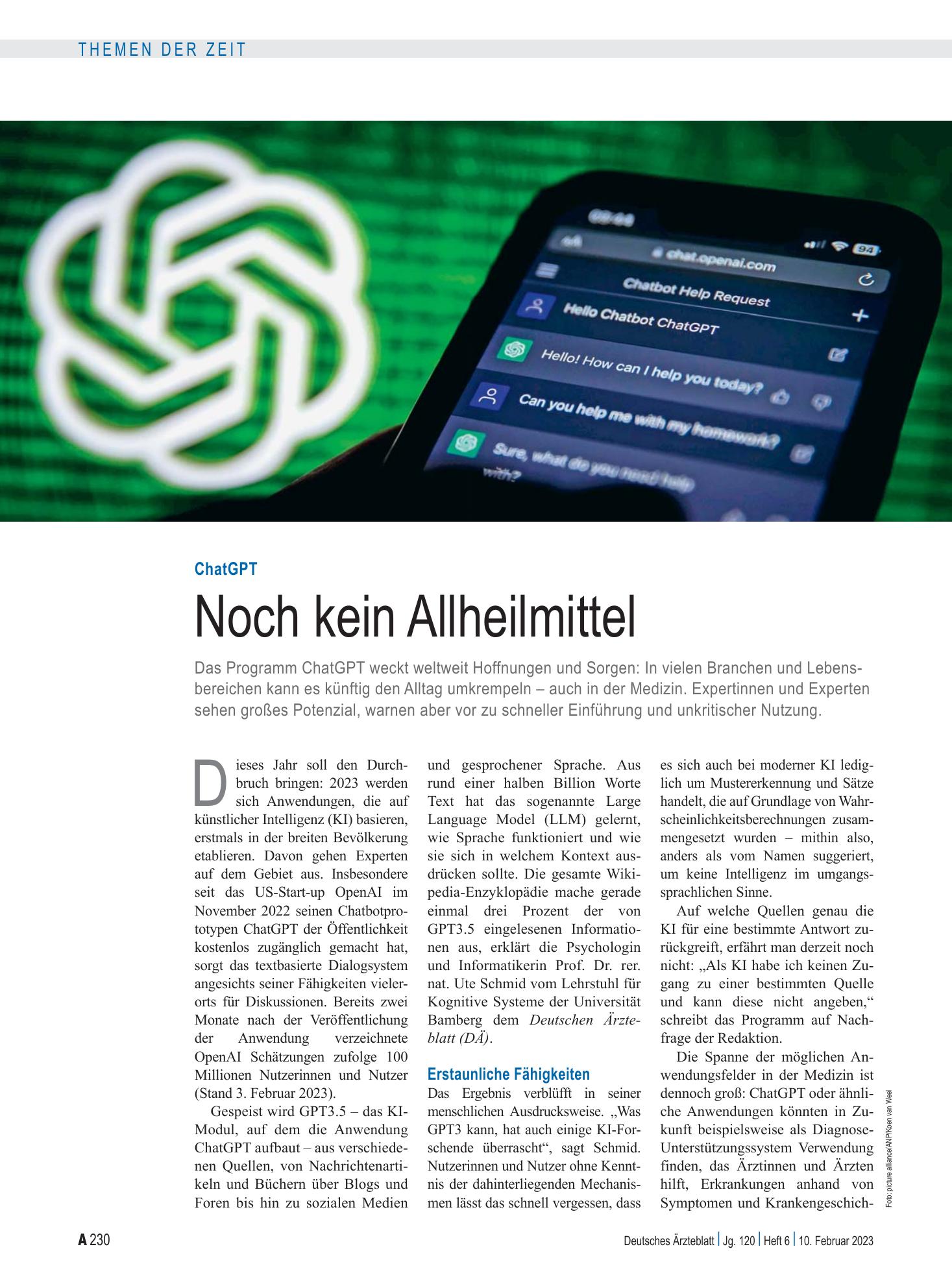 Vorschauseite 1: ChatGPT: Noch kein Allheilmittel – Deutsches Ärzteblatt