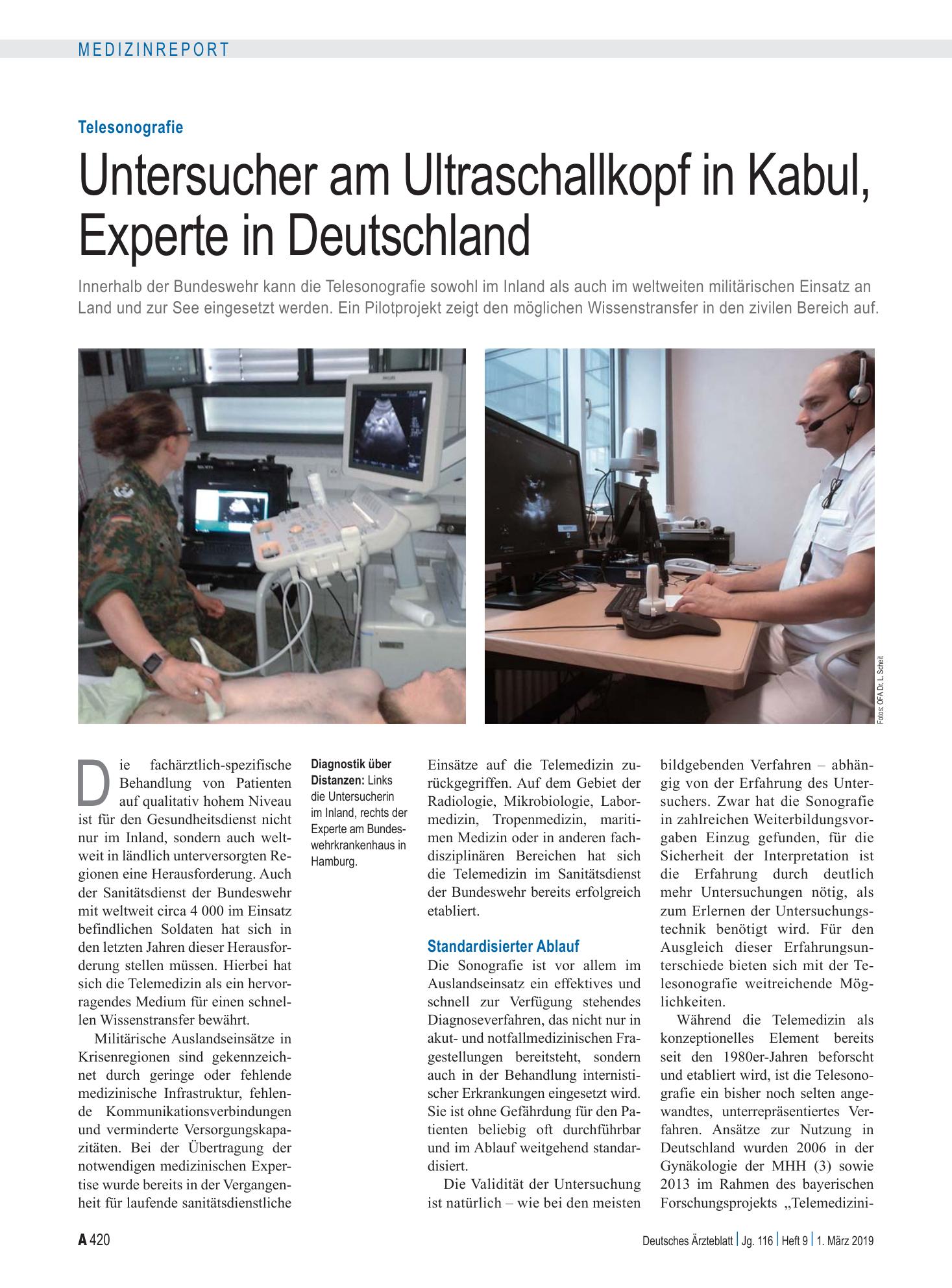 Vorschauseite 1: Telesonografie: Untersucher am Ultraschallkopf in Kabul, Experte in Deutschland – Deutsches Ärzteblatt