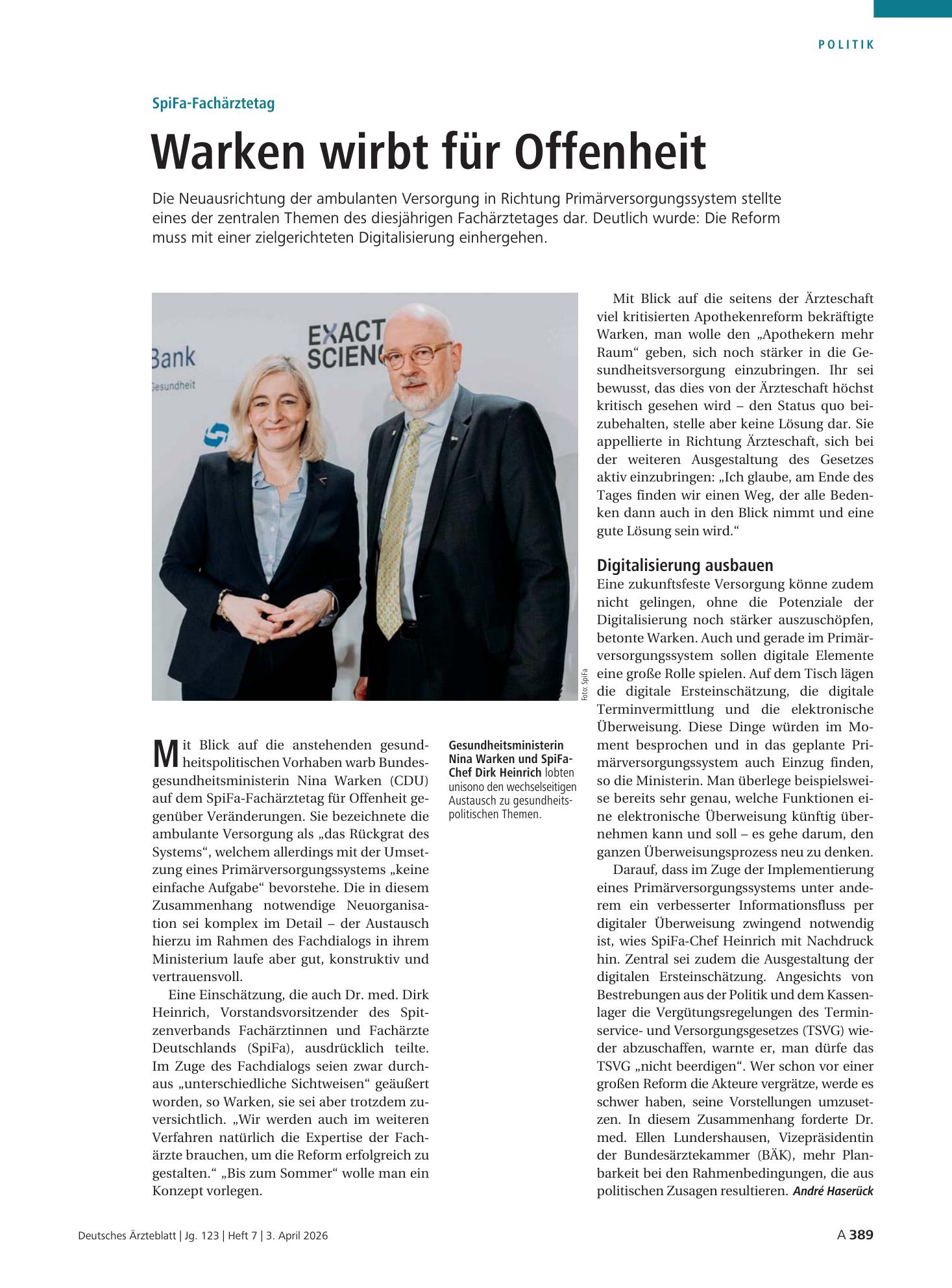 Vorschauseite 1: SpiFa-Fachärztetag: Warken wirbt für Offenheit – Deutsches Ärzteblatt