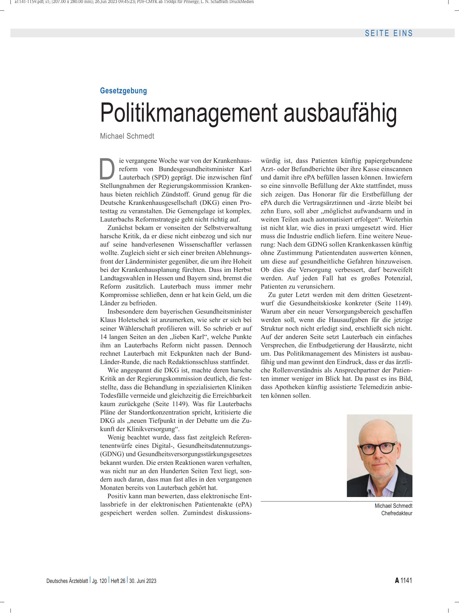 Vorschauseite 1: Gesetzgebung: Politikmanagement ausbaufähig – Deutsches Ärzteblatt