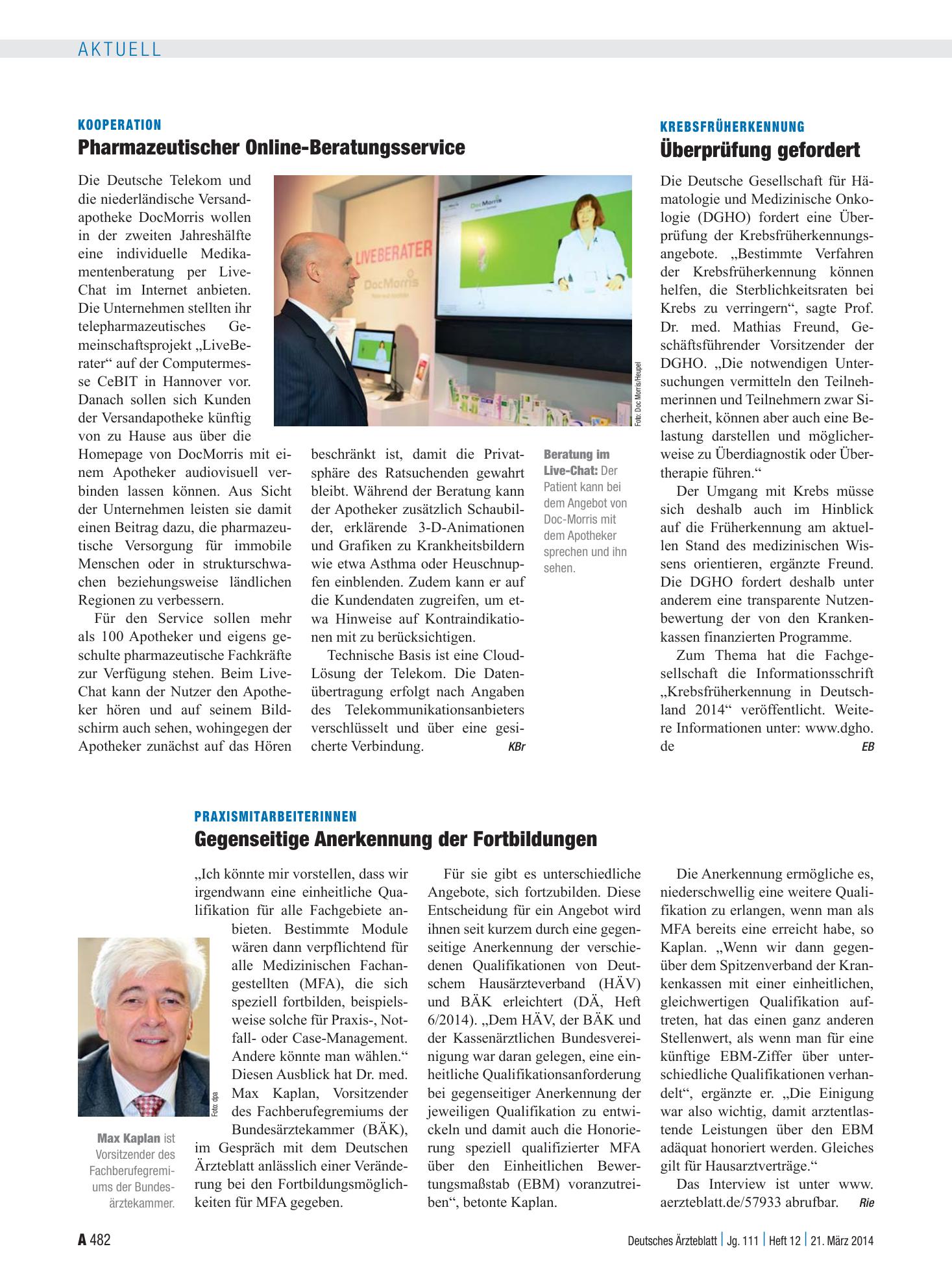 Vorschauseite 1: Kooperation: Pharmazeutischer Online-Beratungsservice – Deutsches Ärzteblatt