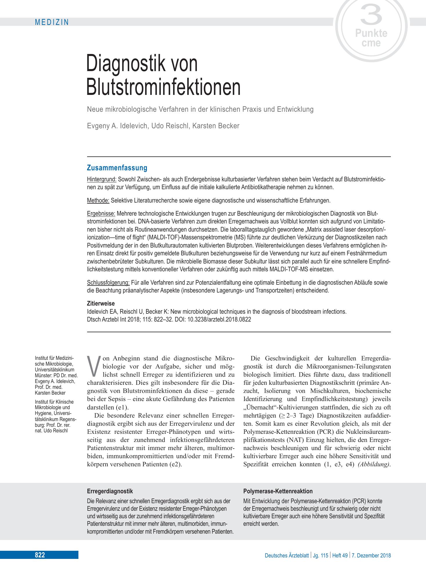 Vorschauseite 1: Diagnostik von Blutstrominfektionen – Deutsches Ärzteblatt