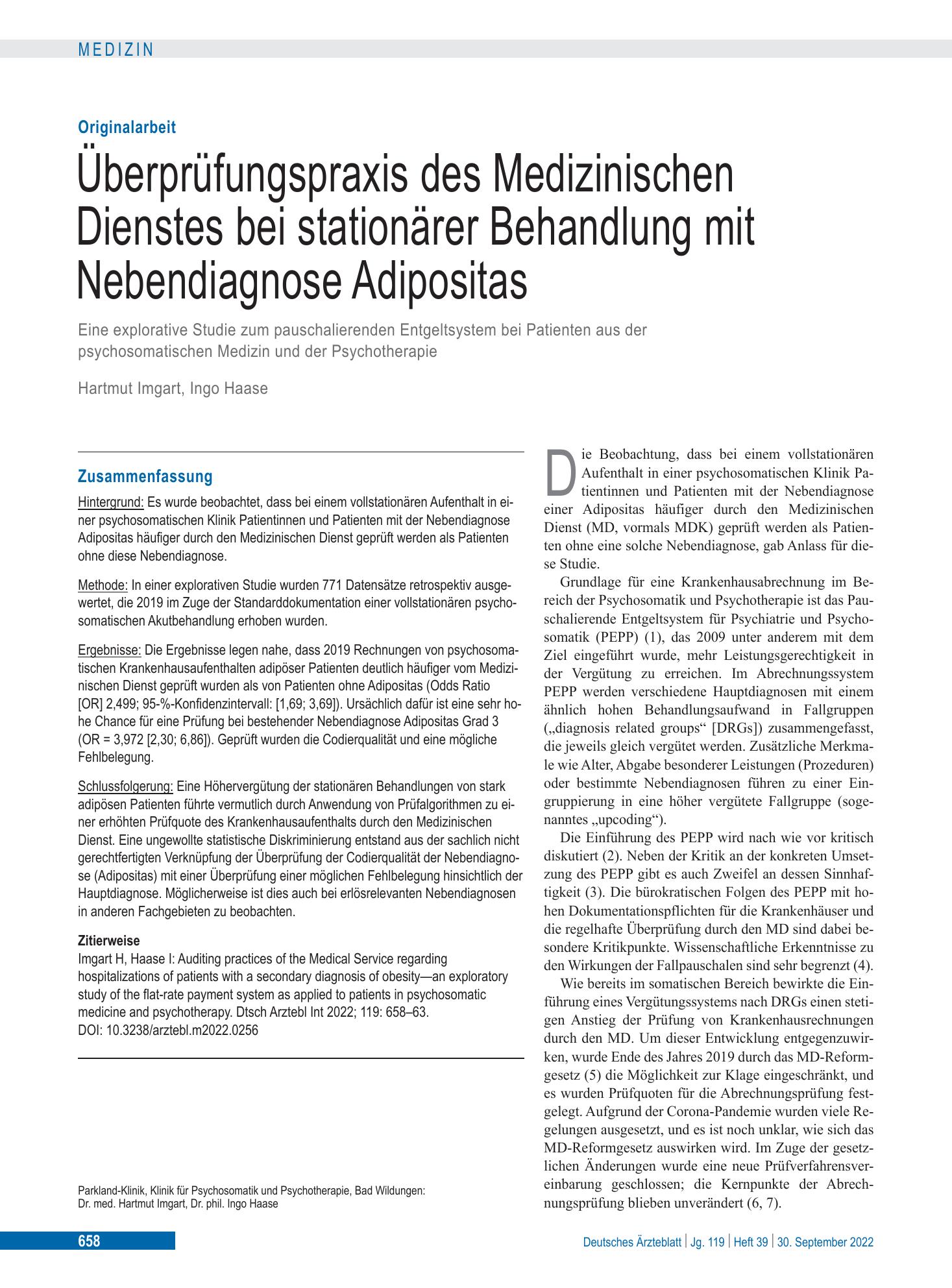 Vorschauseite 1: Überprüfungspraxis des Medizinischen Dienstes bei stationärer Behandlung mit Nebendiagnose Adipositas – Deutsches Ärzteblatt