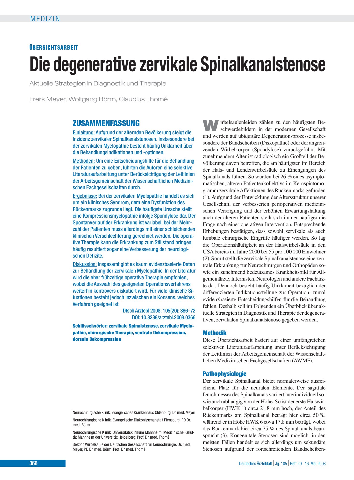 Vorschauseite 1: Die degenerative zervikale Spinalkanalstenose – Deutsches Ärzteblatt