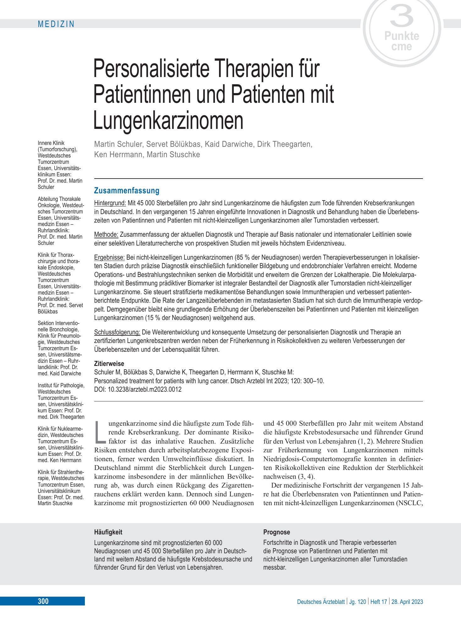 Vorschauseite 1: Personalisierte Therapien für Patientinnen und Patienten mit Lungenkarzinomen – Deutsches Ärzteblatt