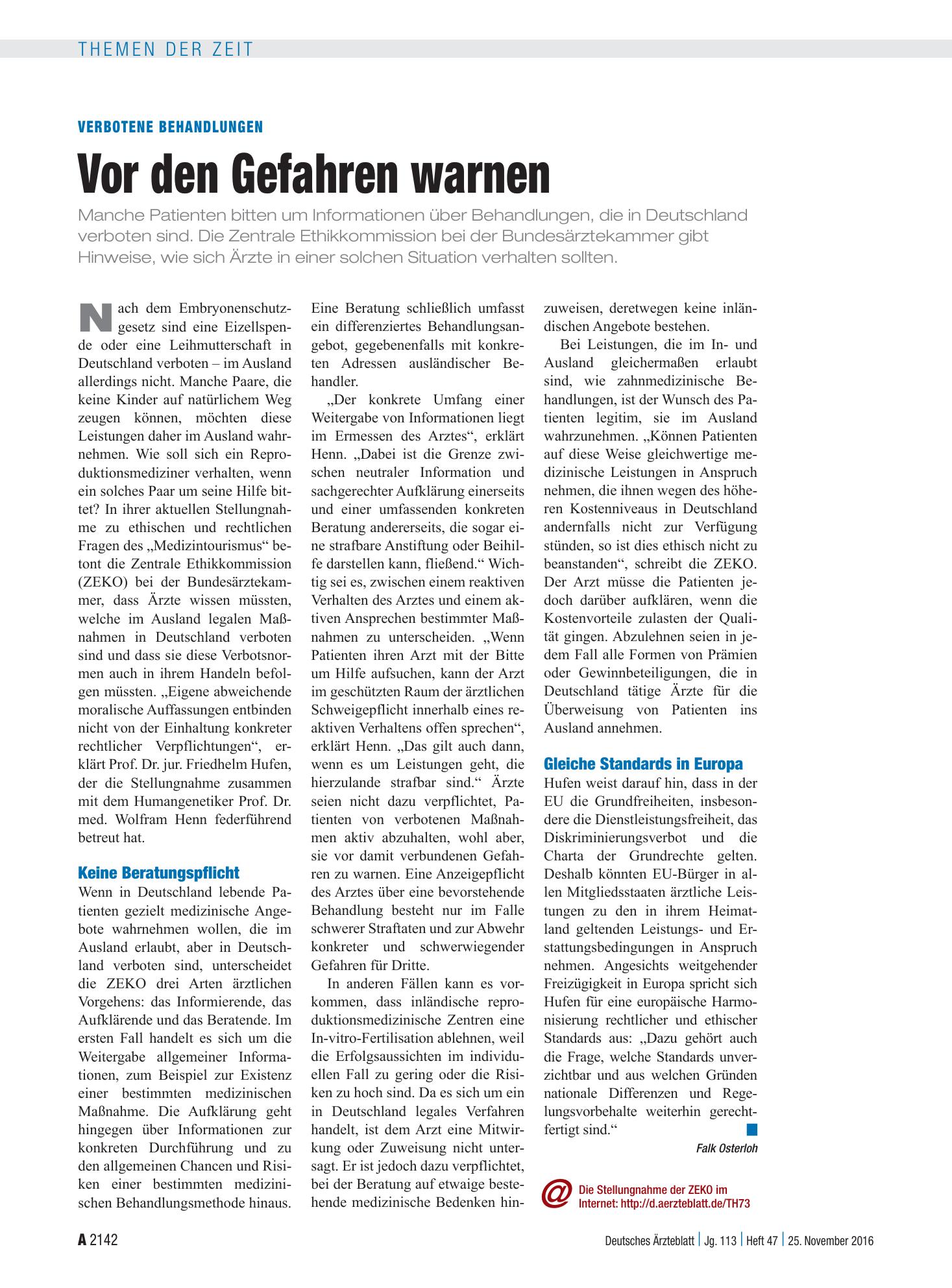 Vorschauseite 1: Verbotene Behandlungen: Vor den Gefahren warnen – Deutsches Ärzteblatt