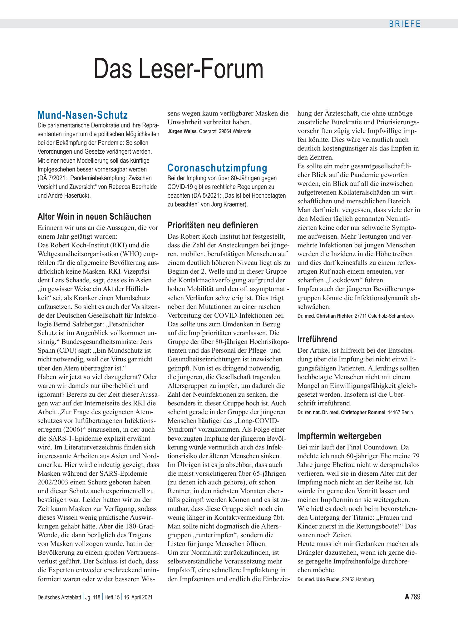 Vorschauseite 1: Coronaschutzimpfung: Irreführend – Deutsches Ärzteblatt