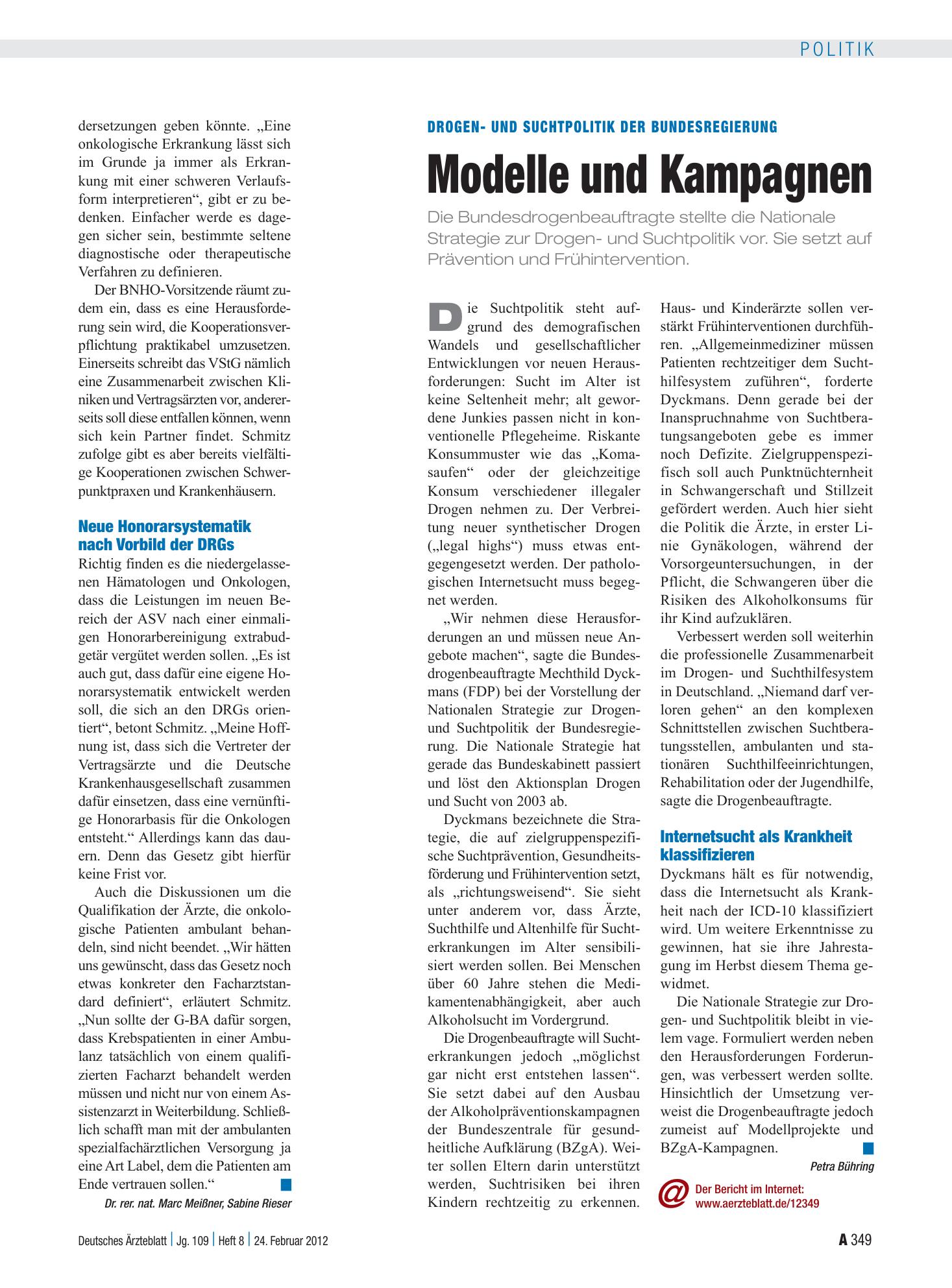 Vorschauseite 1: Drogen- und Suchtpolitik der Bundesregierung: Modelle und Kampagnen – Deutsches Ärzteblatt