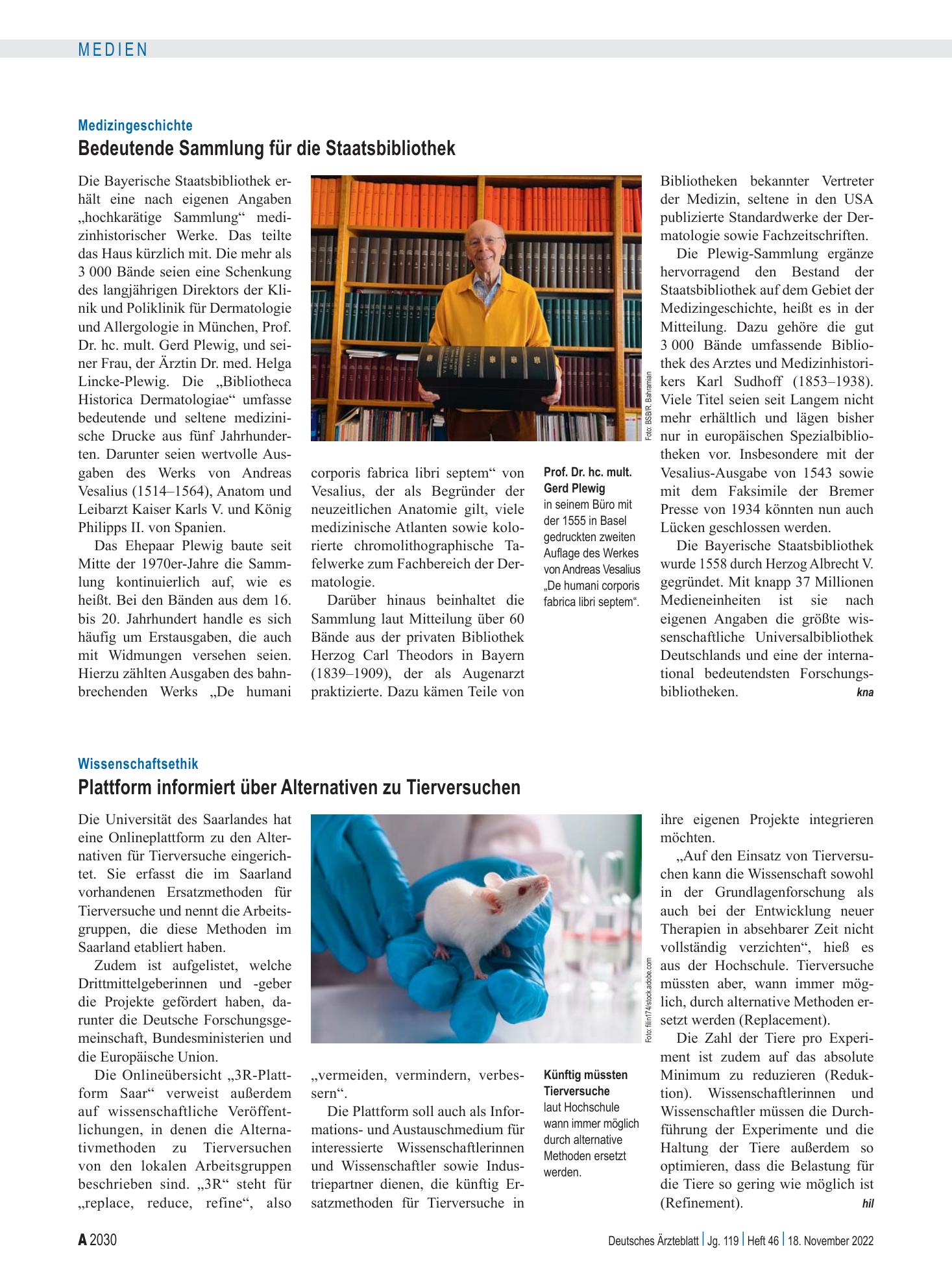 Vorschauseite 1: Medizingeschichte: Bedeutende Sammlung für die Staatsbibliothek – Deutsches Ärzteblatt