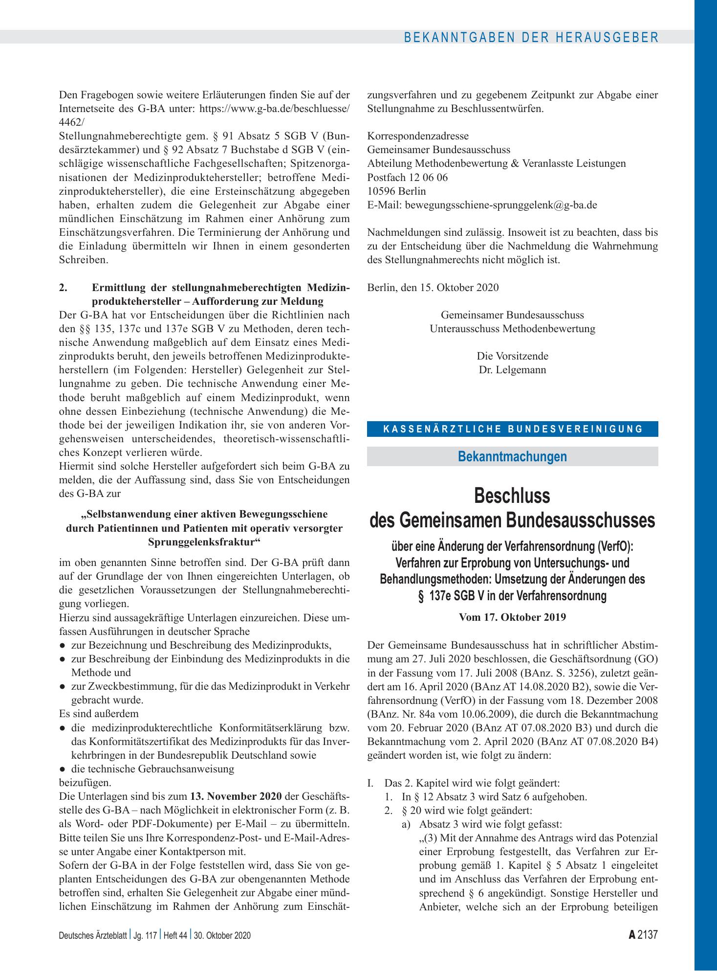Vorschauseite 1: Beschluss des Gemeinsamen Bundesausschusses über eine Änderung der Verfahrensordnung (VerfO): Verfahren zur Erprobung von Untersuchungs- und Behandlungsmethoden, Umsetzung der Änd…