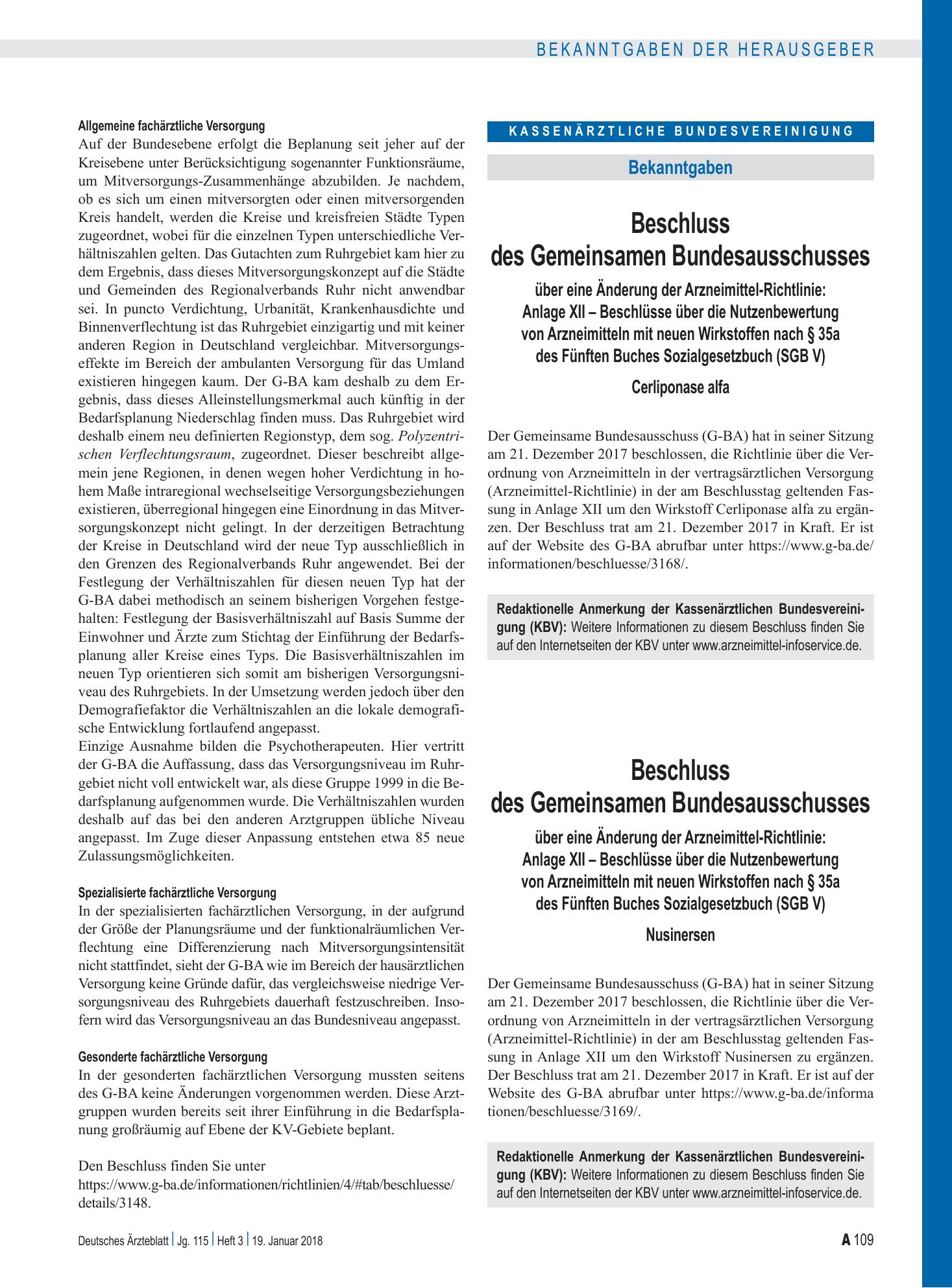 Vorschauseite 1: Beschluss des Gemeinsamen Bundesausschusses über eine Änderung der Arzneimittel-Richtlinie: Anlage XII – Cerliponase alfa – Deutsches Ärzteblatt