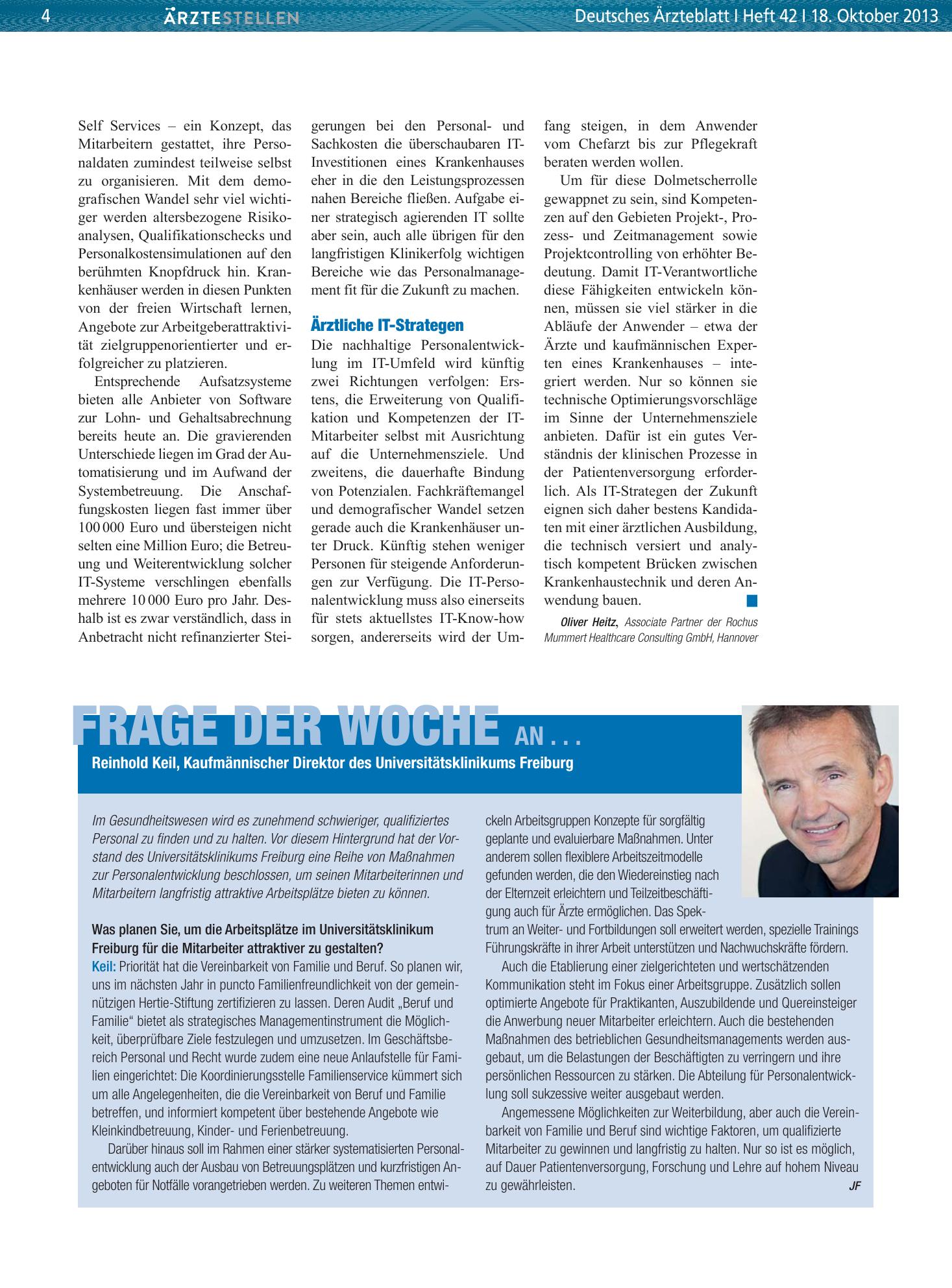 Vorschauseite 1: Frage der Woche an . . . Reinhold Keil, Kaufmännischer Direktor des Universitätsklinikums Freiburg – Deutsches Ärzteblatt