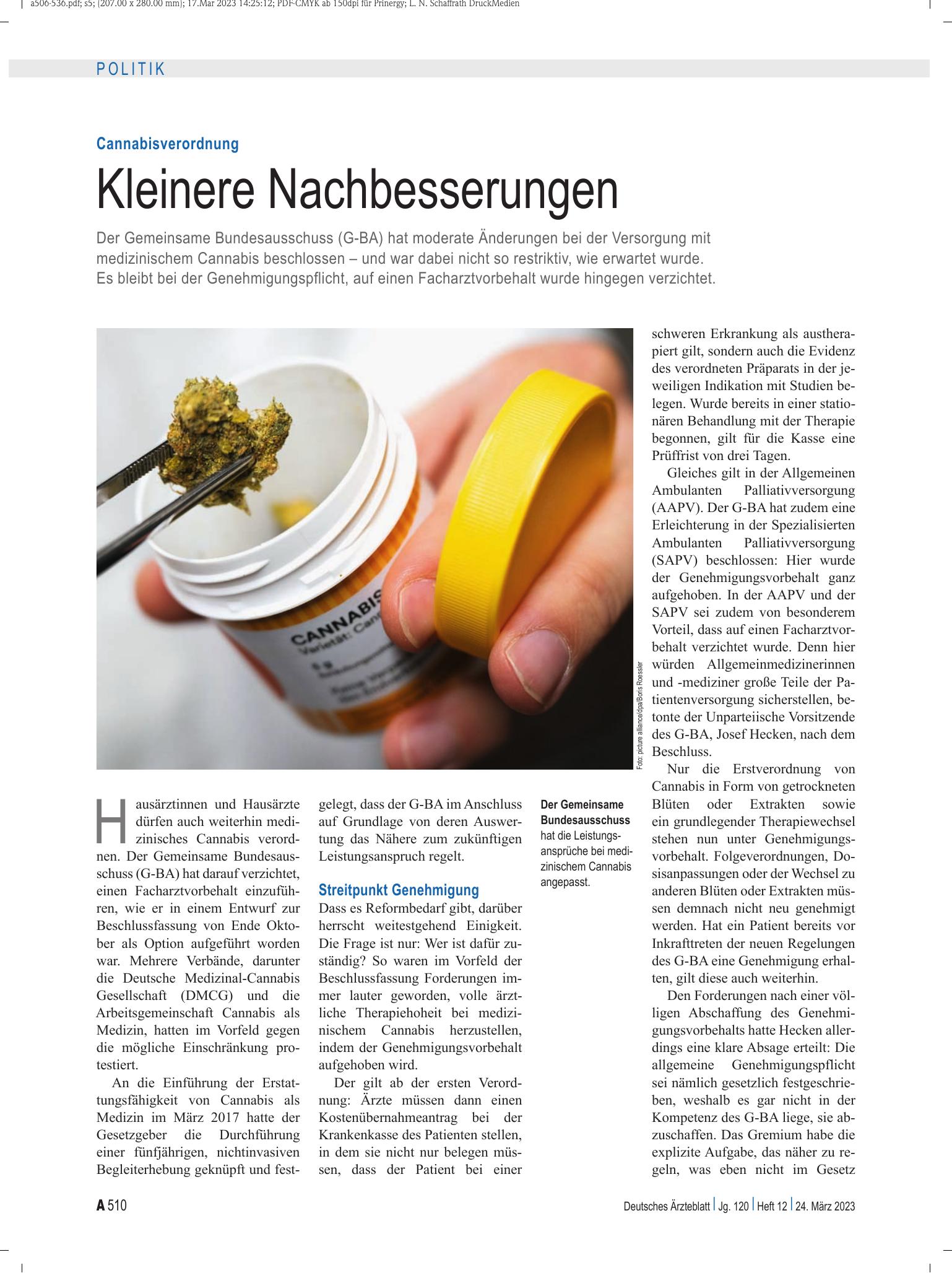 Vorschauseite 1: Cannabisverordnung: Kleinere Nachbesserungen – Deutsches Ärzteblatt