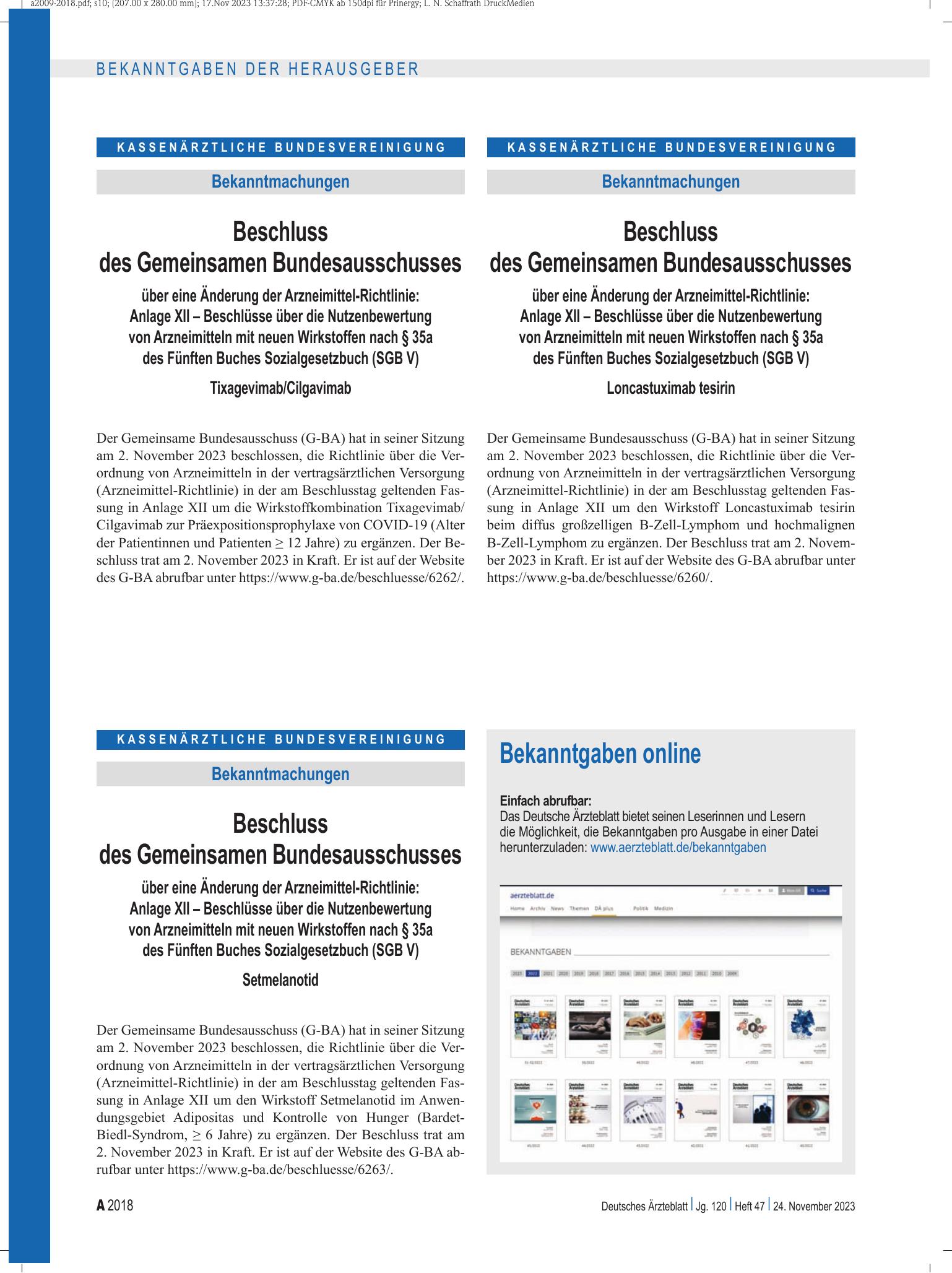 Vorschauseite 1: Beschluss des Gemeinsamen Bundesausschusses über eine Änderung der Arzneimittel-Richtlinie: Tixagevimab/Cilgavimab – Deutsches Ärzteblatt