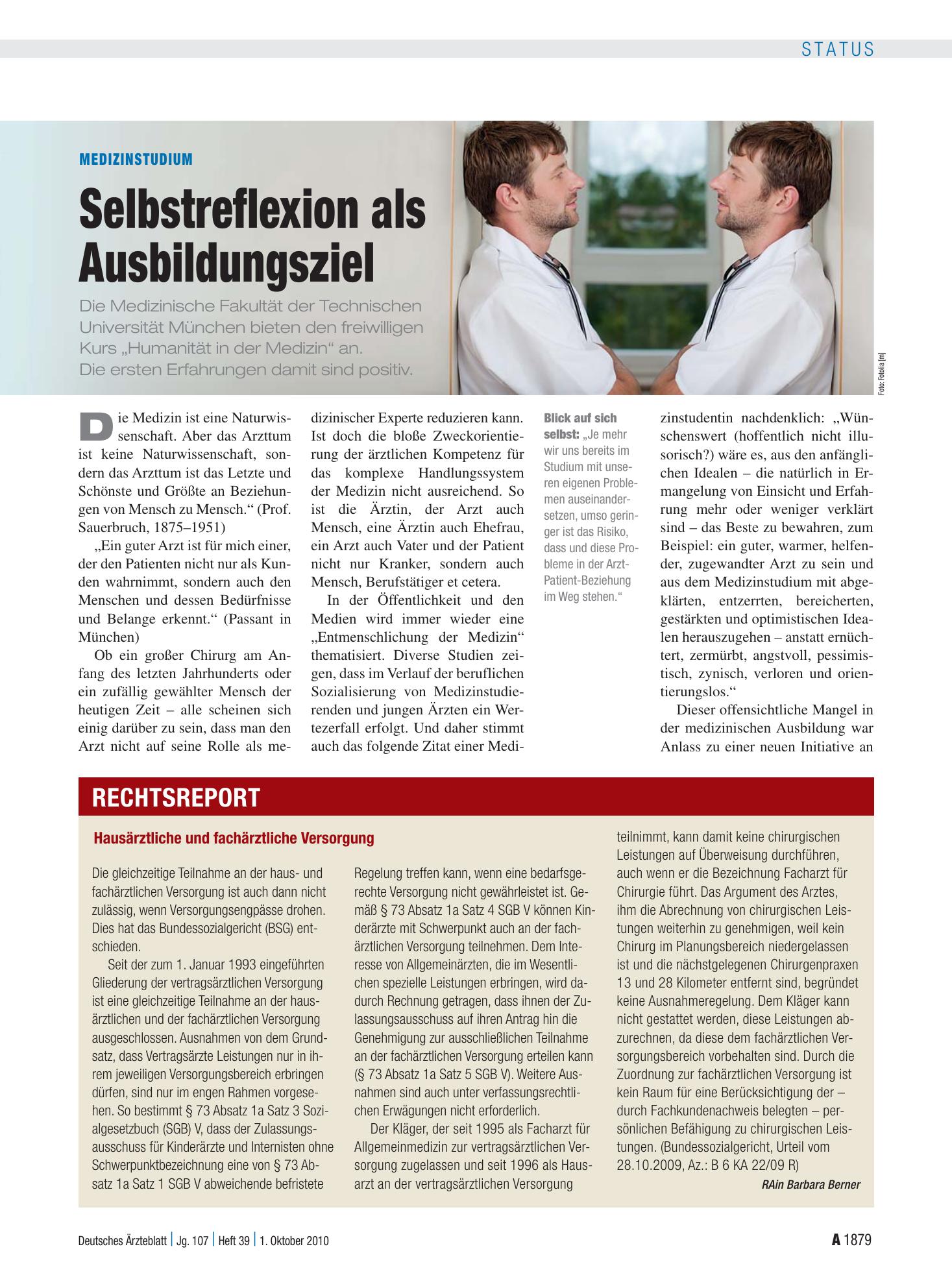 Vorschauseite 1: Medizinstudium: Selbstreflexion als Ausbildungsziel – Deutsches Ärzteblatt