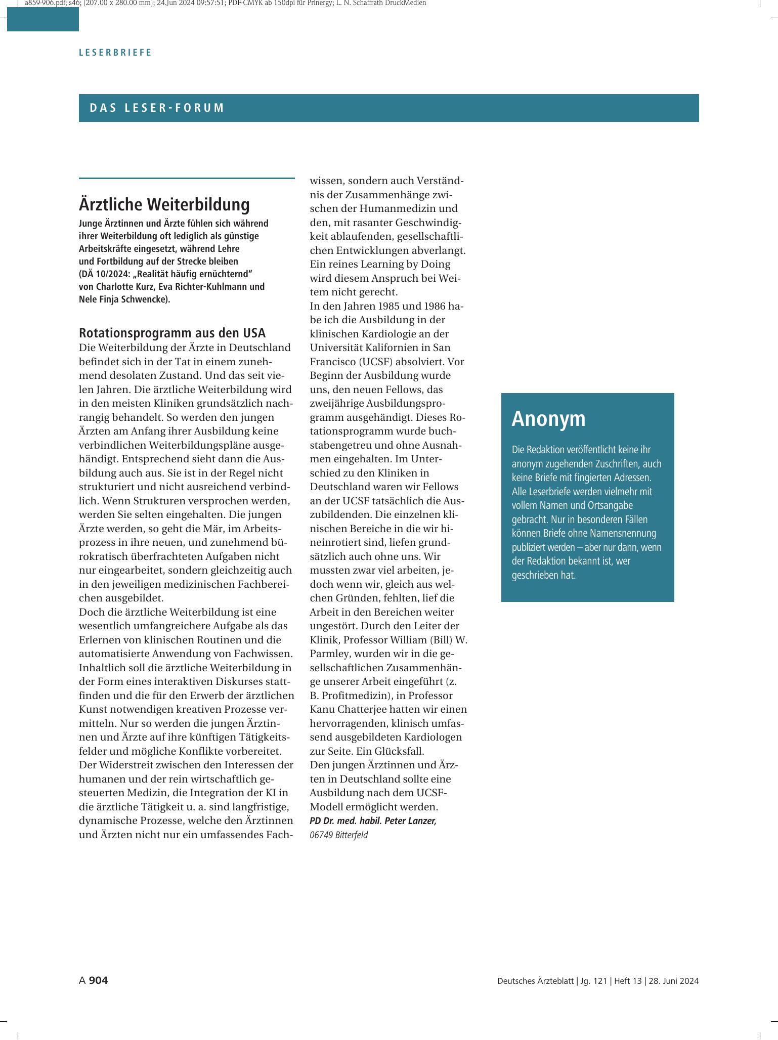 Vorschauseite 1: Ärztliche Weiterbildung: Rotationsprogramm aus den USA – Deutsches Ärzteblatt