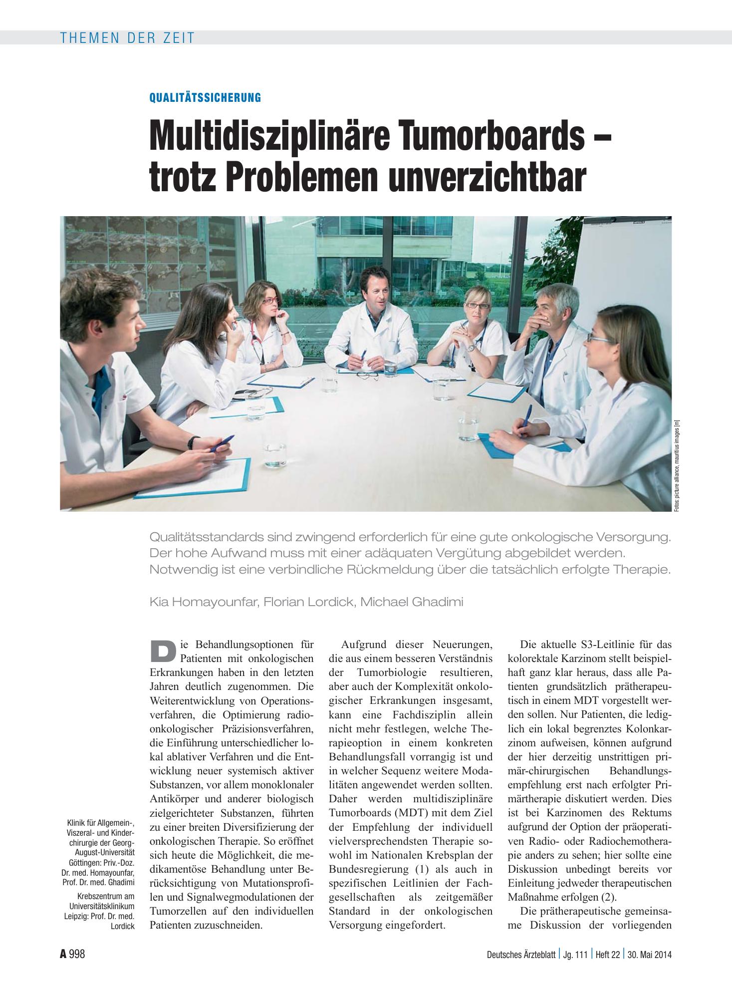Vorschauseite 1: Qualitätssicherung: Multidisziplinäre Tumorboards – trotz Problemen unverzichtbar – Deutsches Ärzteblatt