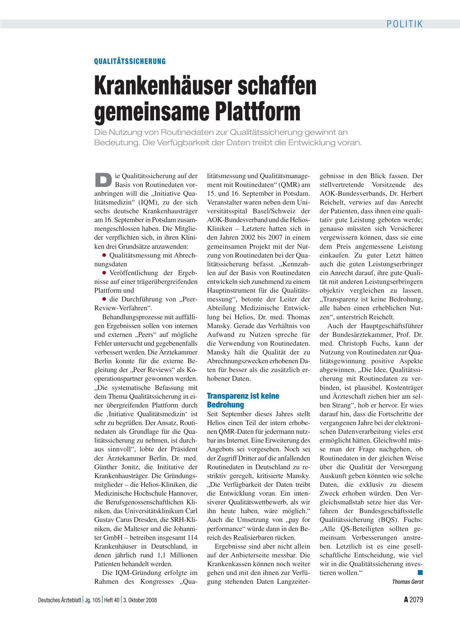 Vorschauseite 1: Qualitätssicherung: Krankenhäuser schaffen gemeinsame Plattform – Deutsches Ärzteblatt