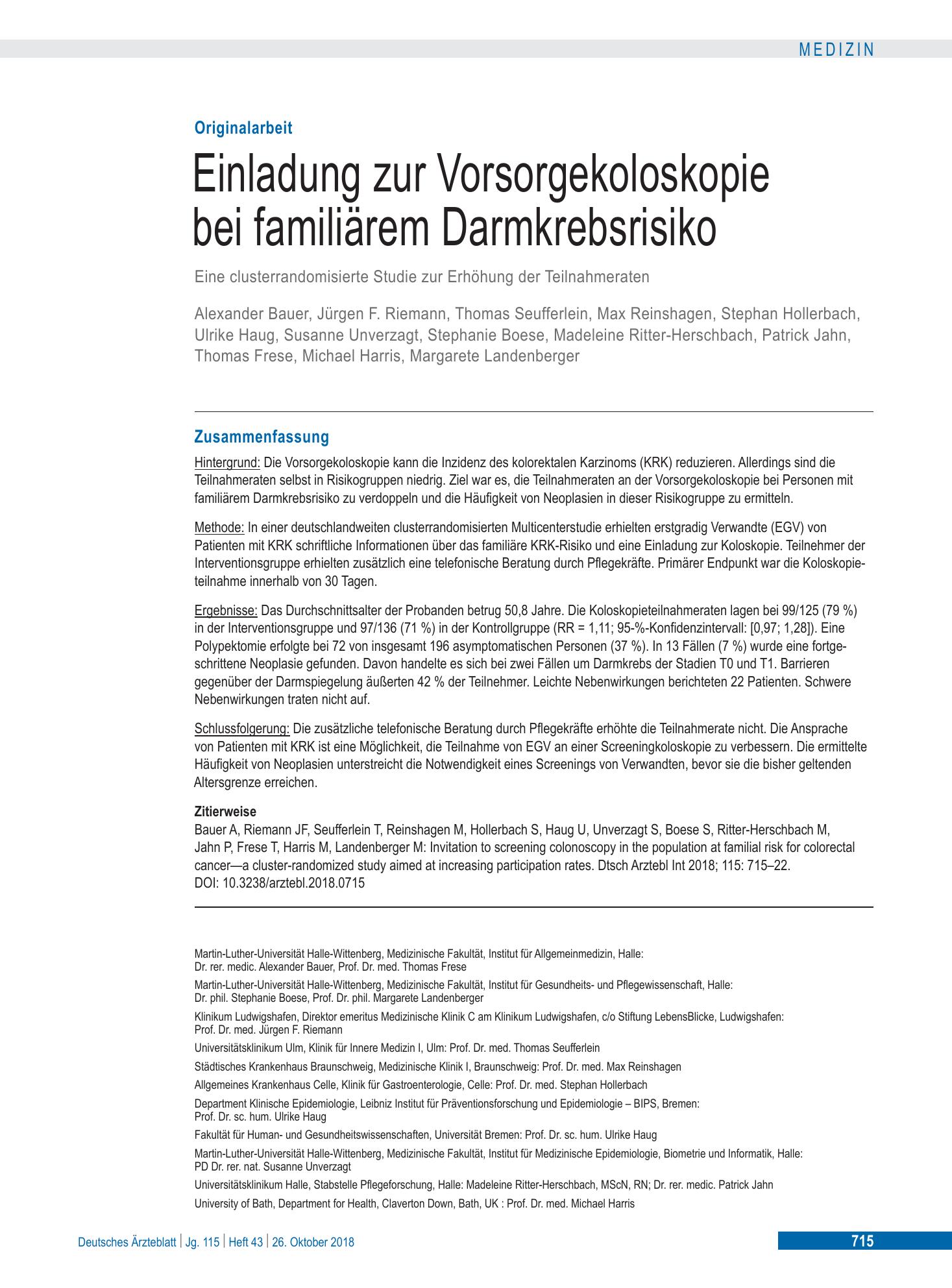 Vorschauseite 1: Einladung zur Vorsorgekoloskopie bei familiärem Darmkrebsrisiko – Deutsches Ärzteblatt