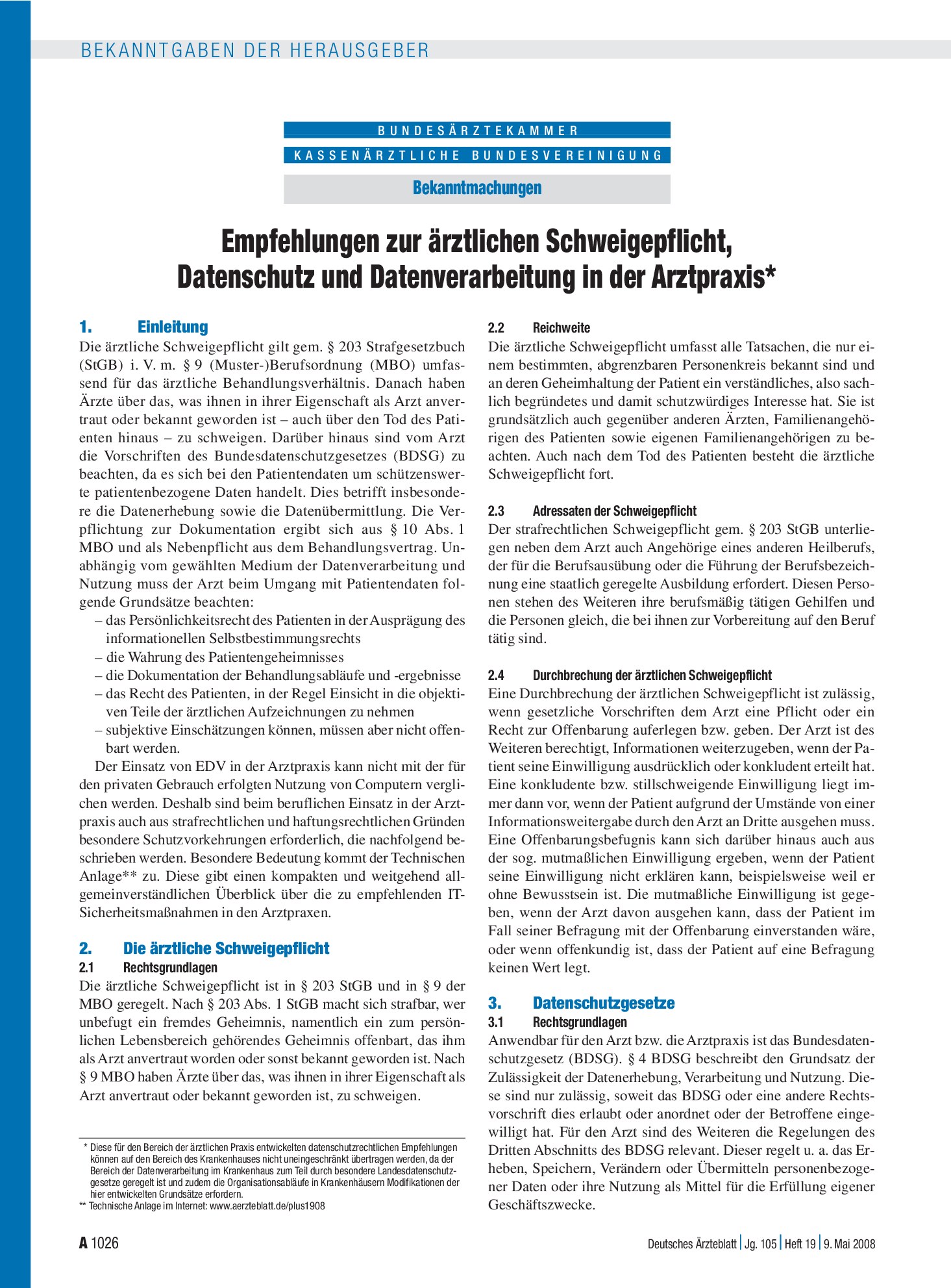 Vorschauseite 1: Bekanntmachungen: Empfehlungen zur ärztlichen Schweigepflicht, Datenschutz und Datenverarbeitung in der Arztpraxis* – Deutsches Ärzteblatt