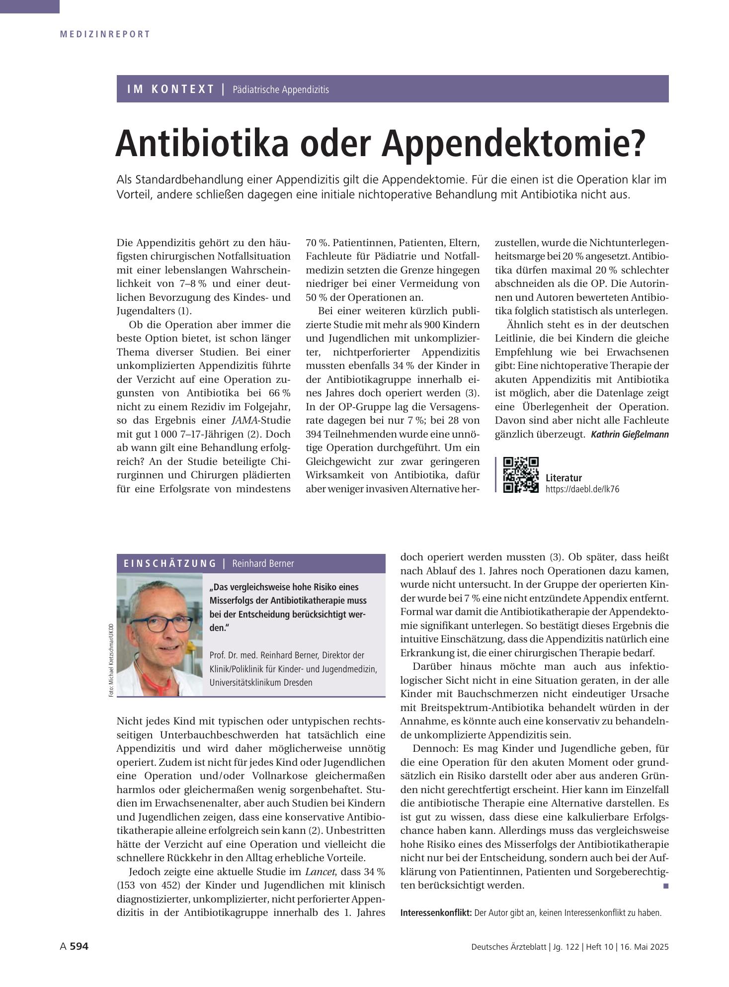 Vorschauseite 1: Pädiatrische Appendizitis: Antibiotika oder Appendektomie? – Deutsches Ärzteblatt