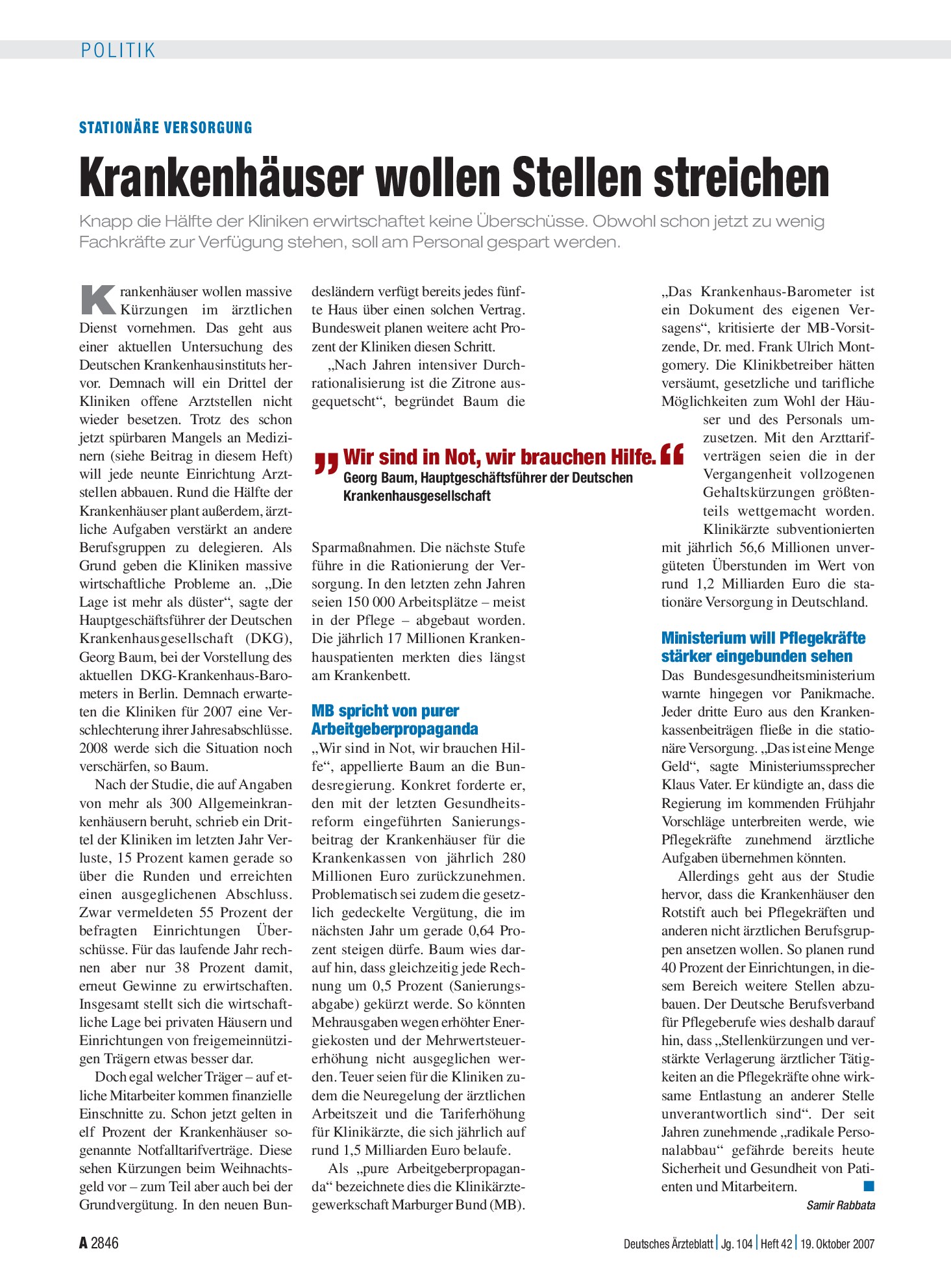 Vorschauseite 1: Stationäre Versorgung: Krankenhäuser wollen Stellen streichen – Deutsches Ärzteblatt