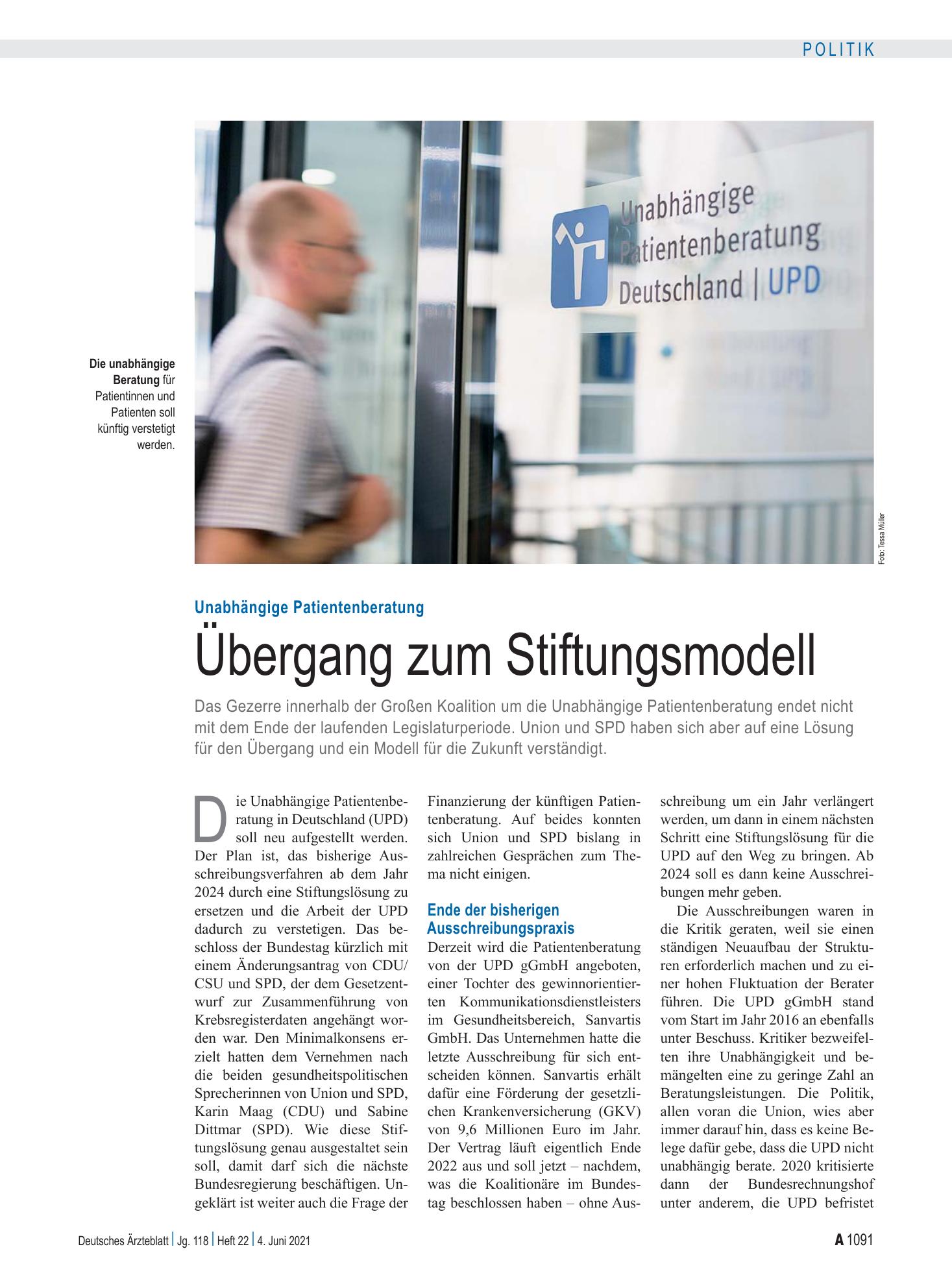 Vorschauseite 1: Unabhängige Patientenberatung: Übergang zum Stiftungsmodell – Deutsches Ärzteblatt