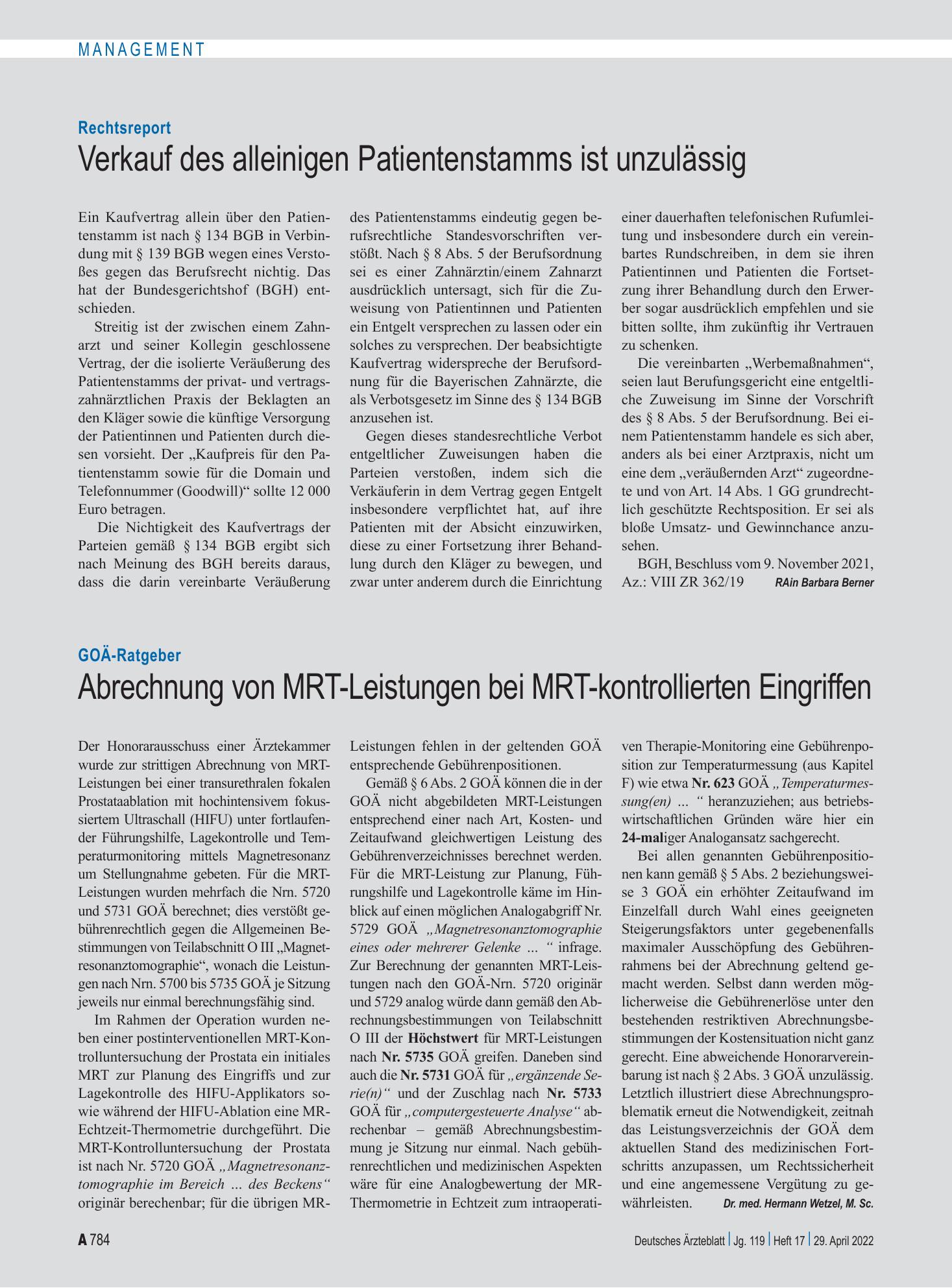 Vorschauseite 1: Rechtsreport: Verkauf des alleinigen Patientenstamms ist unzulässig – Deutsches Ärzteblatt